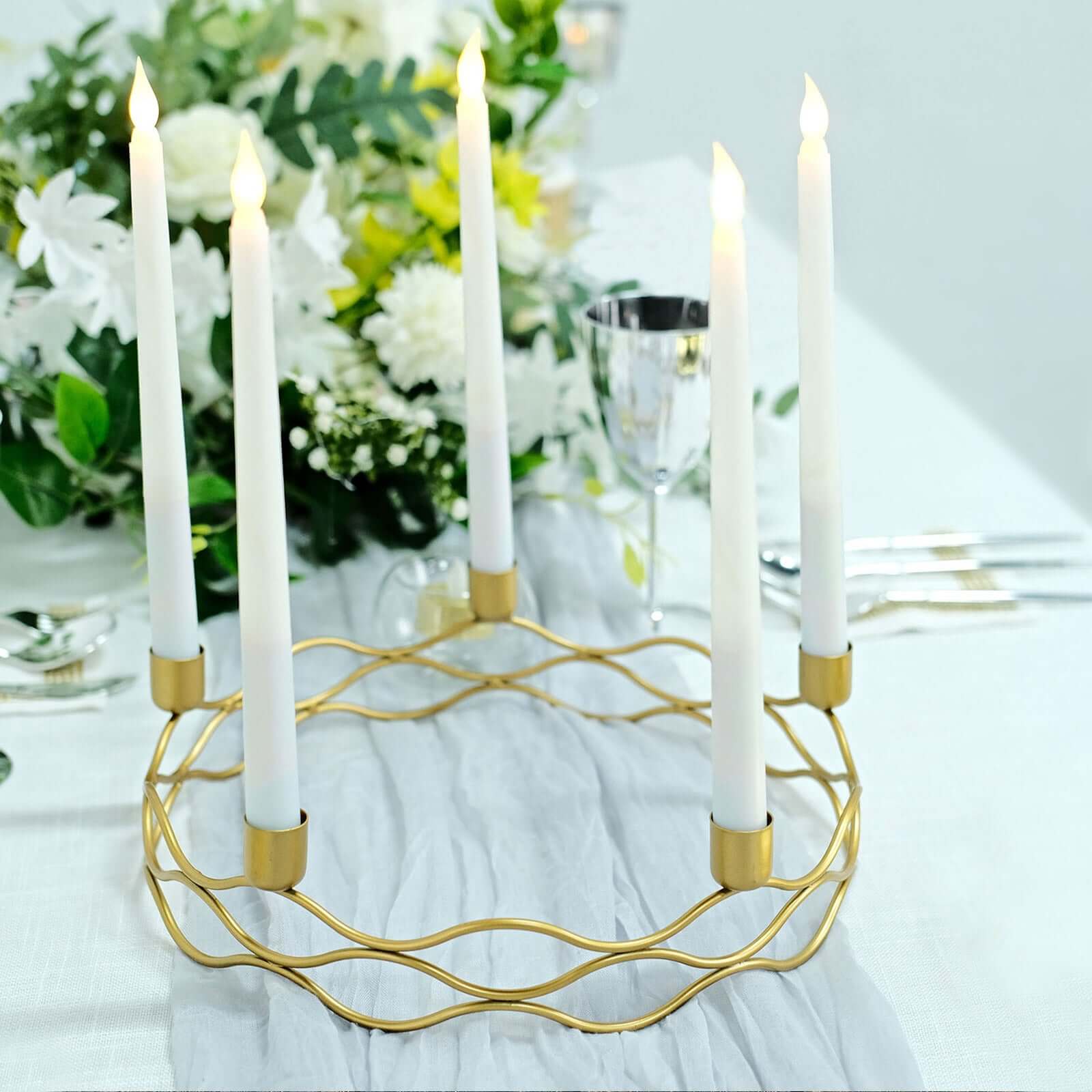 Round Wreath Taper Candelabra 5 Arm Gold Metal Decorative Centerpiece - Tabletop Candle Holder 12