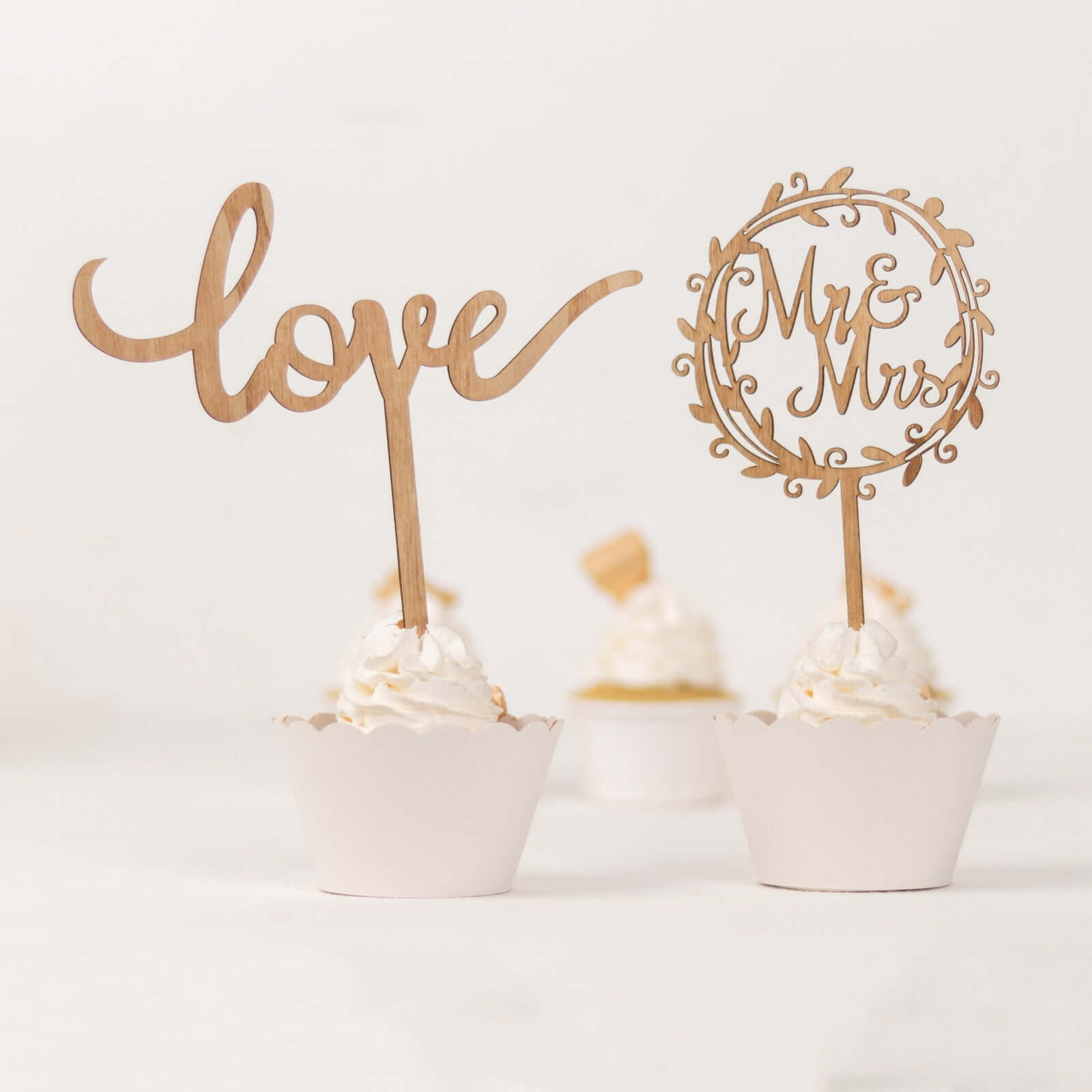 Set of 2 Wooden Cake Toppers Mr & Mrs and Love Design Natural - Rustic Wedding Cupcake Decorations