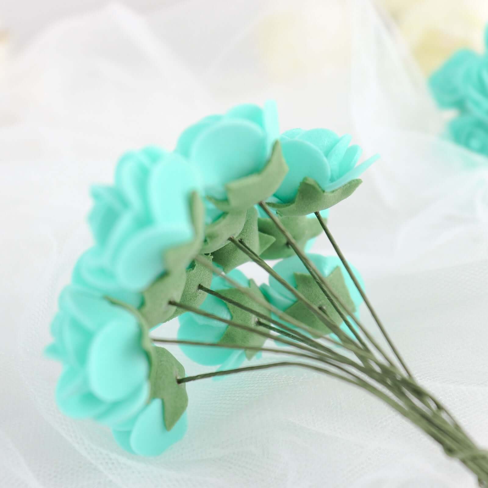 48 Roses 1 Turquoise Real Touch Artificial DIY Foam Rose Flowers With Stem, Craft Rose Buds