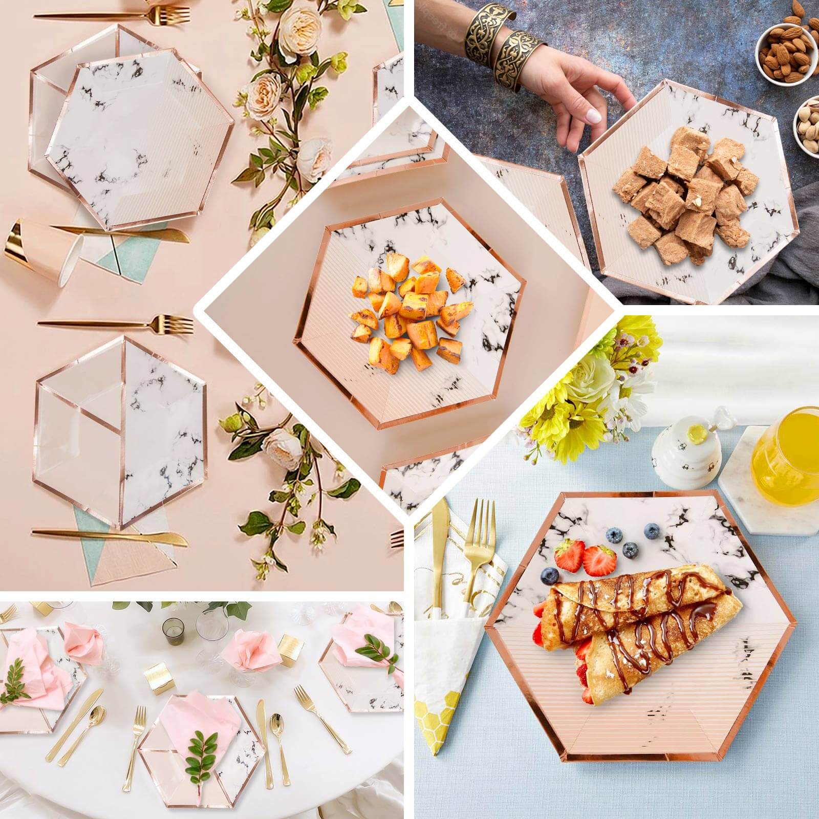 50-Pack Paper Hexagon Dinner and Dessert Plates in Blush with Marble Design & Rose Gold Foil Rim - Chic Disposable Geometric Party Plates Set for 25 Guests 8, 10