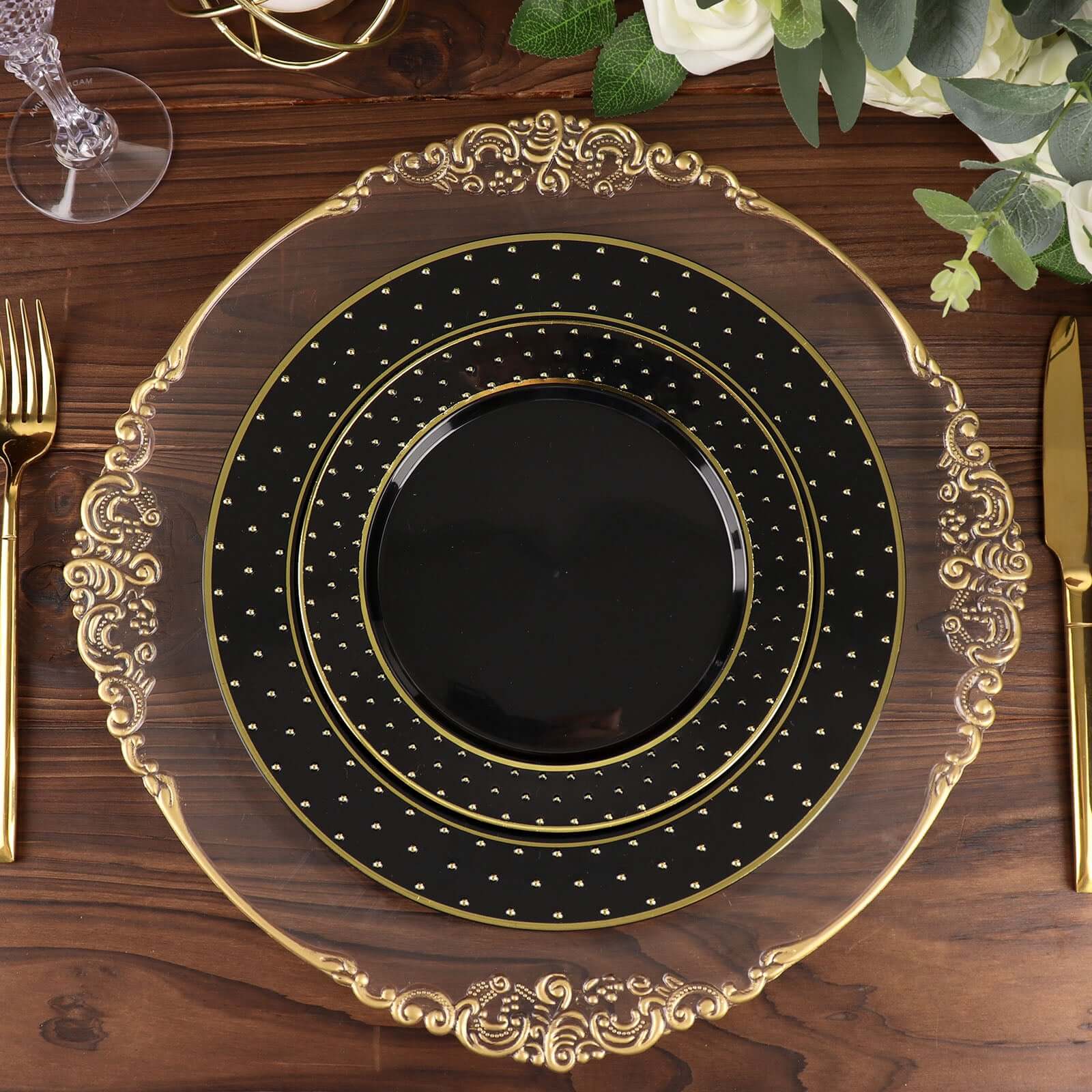 10-Pack Plastic 10 Round Dinner Plates in Black with Gold 3D Polka Dotted Rim - Sturdy Disposable Party Plates for Modern Themed Events & Banquets