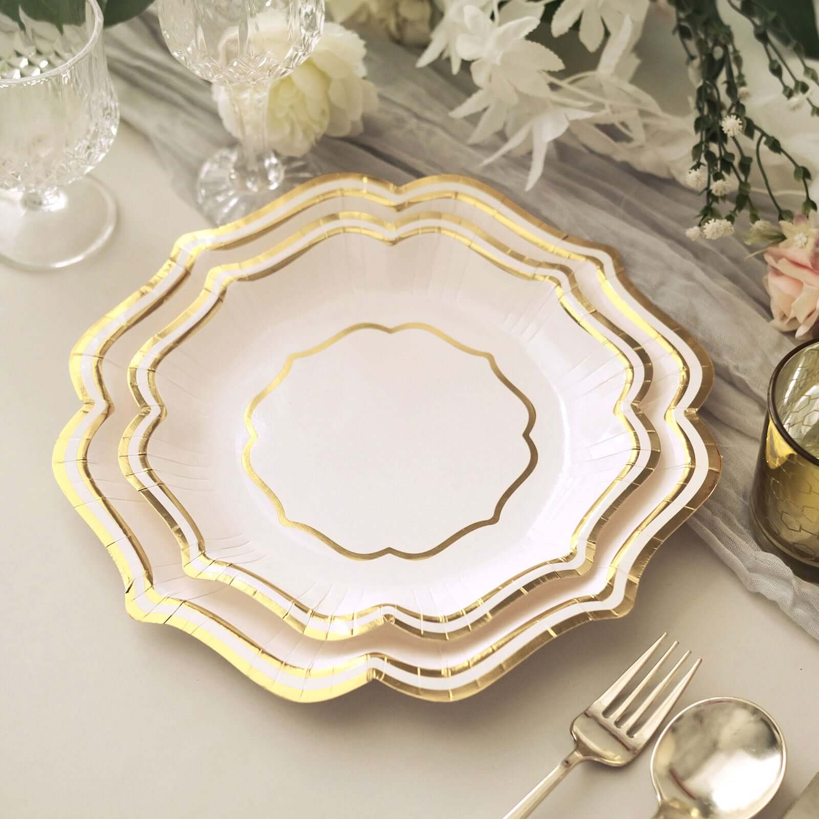 25-Pack Paper Dessert Plates in White with Gold Scallop Rim - Disposable 300GSM Appetizer Salad Plates for Classy Banquets & Celebrations 8