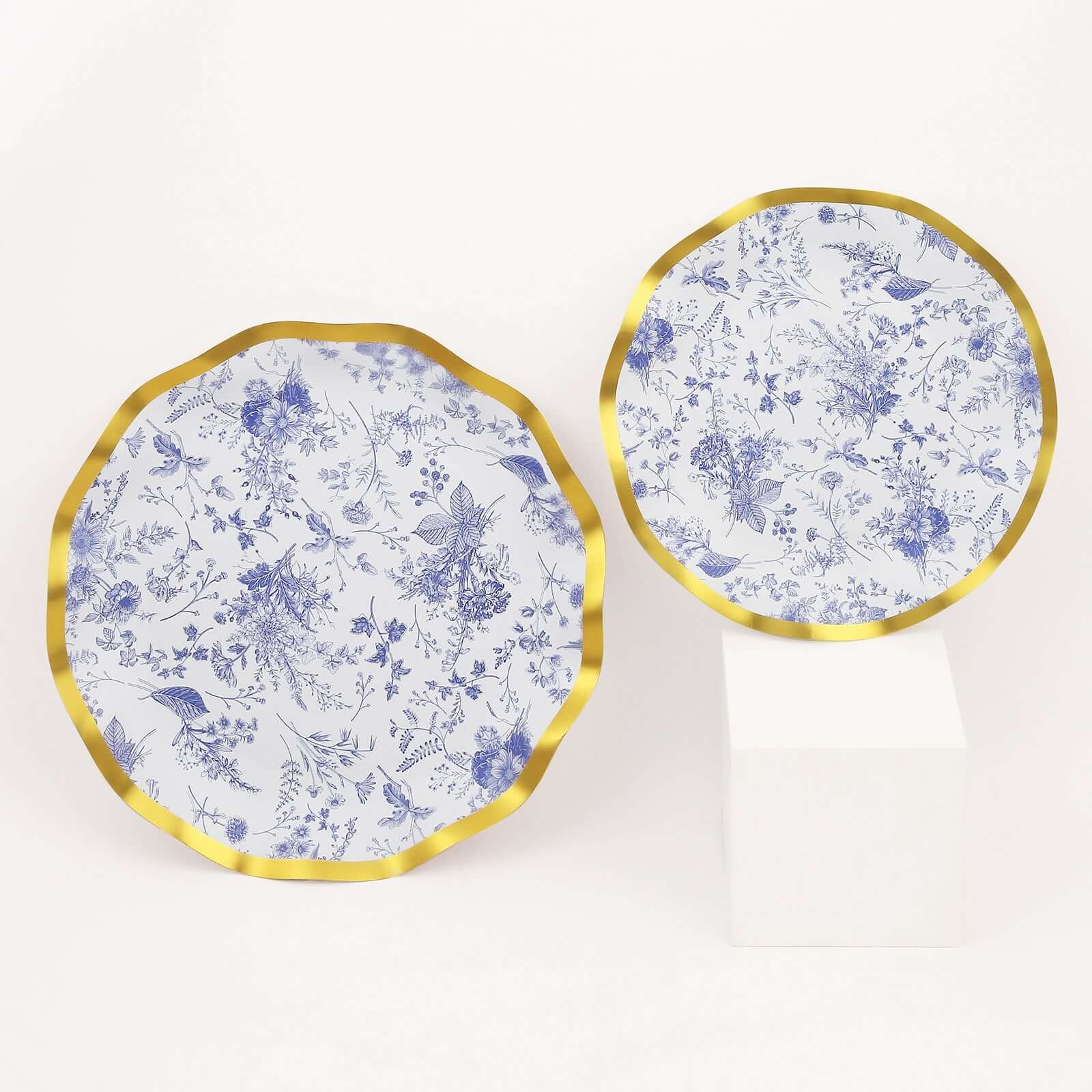 25-Pack Paper Round Dinner Plates 10 in White with Blue French Toile Pattern & Gold Wavy Rim - Disposable 350GSM Party Plates