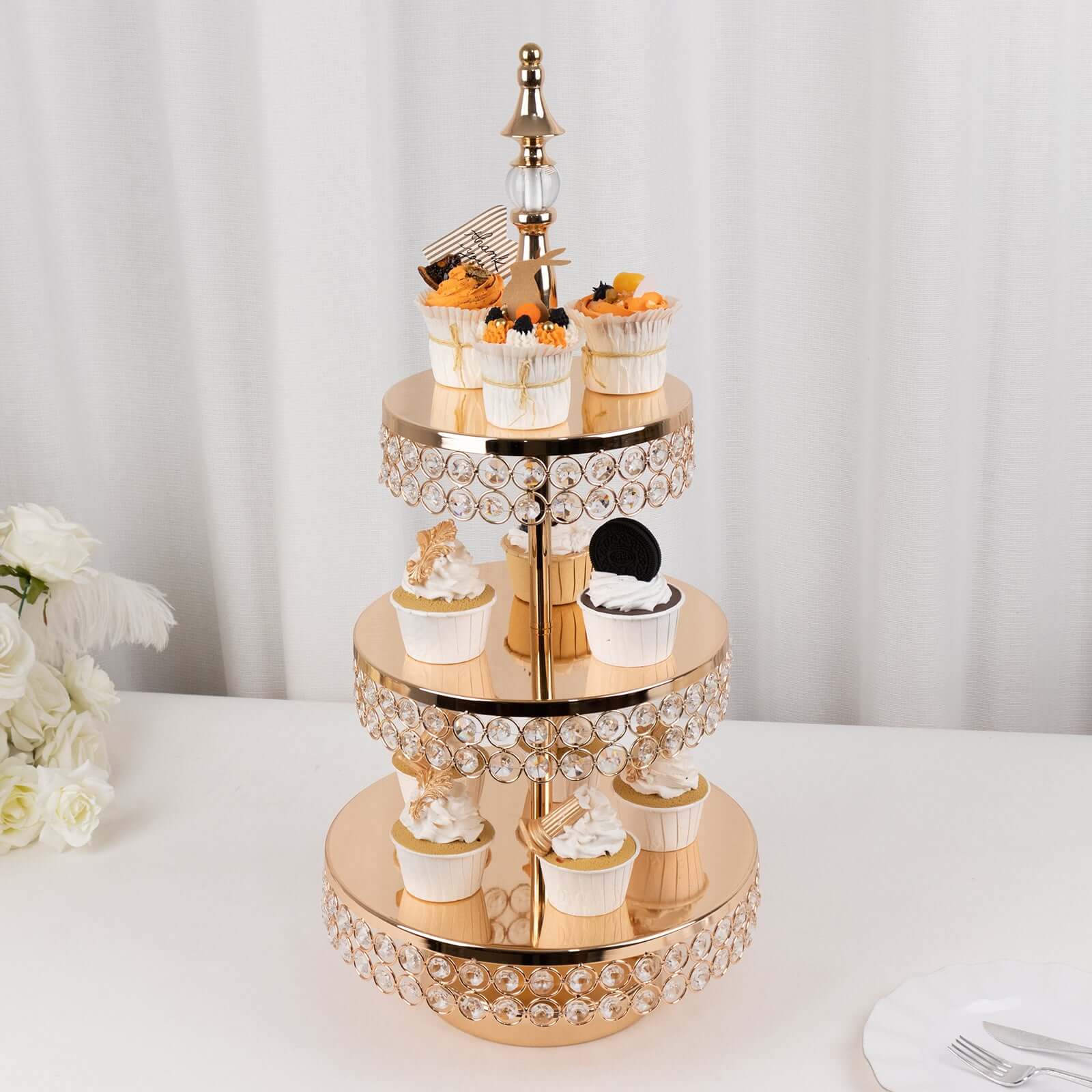 3-Tier Cake Stand Crystal Beaded Gold with Round Mirror Top - Metal Cupcake Tower Dessert Display 26