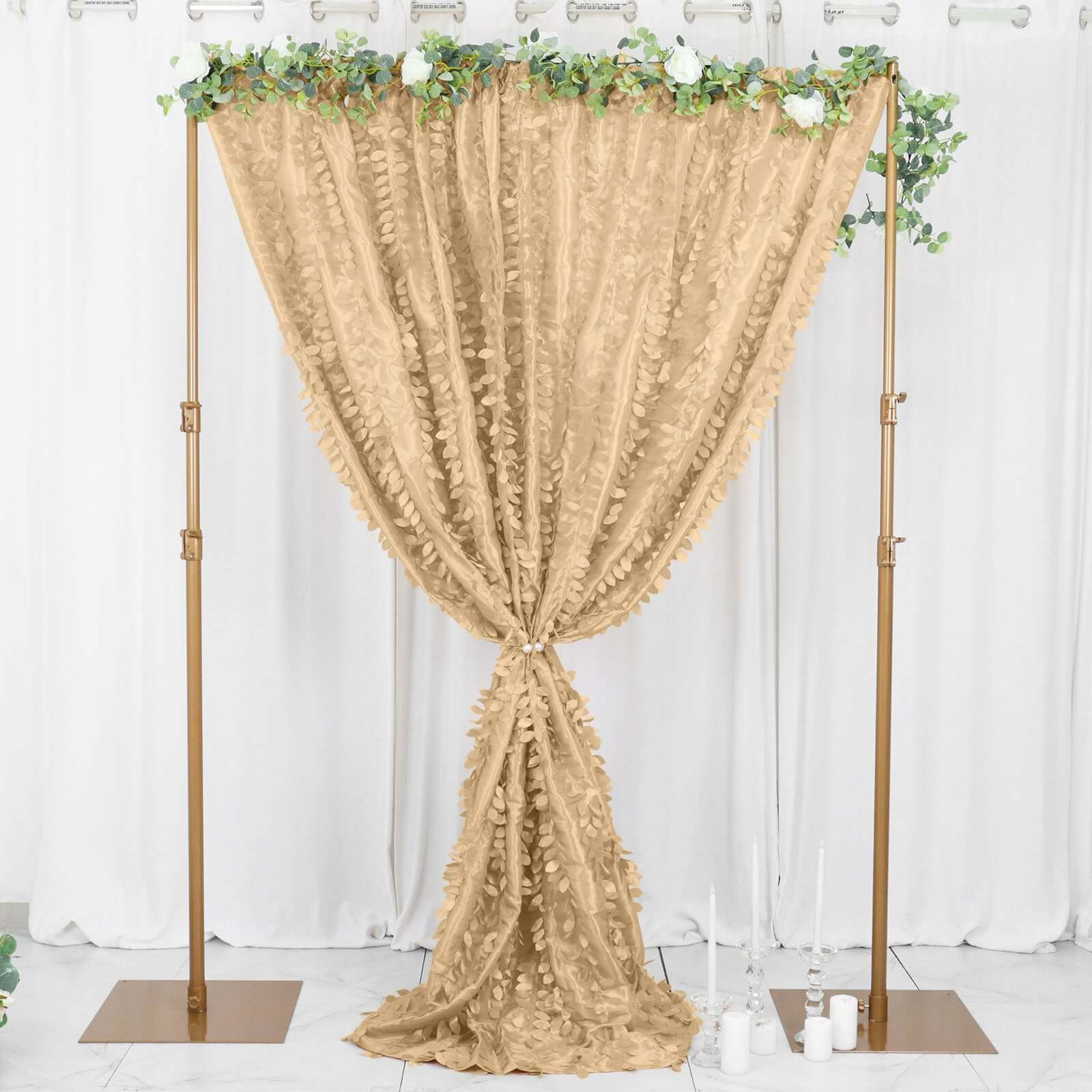 8ftx8ft Champagne 3D Leaf Petal Taffeta Event Curtain Drapes, Backdrop Event Panel With Rod Pocket