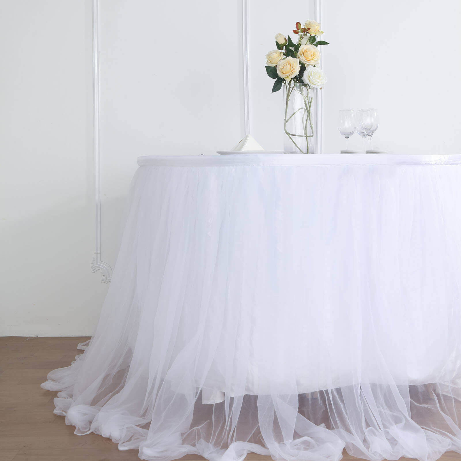 Extra Long Tulle 21ft Table Skirt White with Satin Edge - Table Cover for Baby Showers & Events