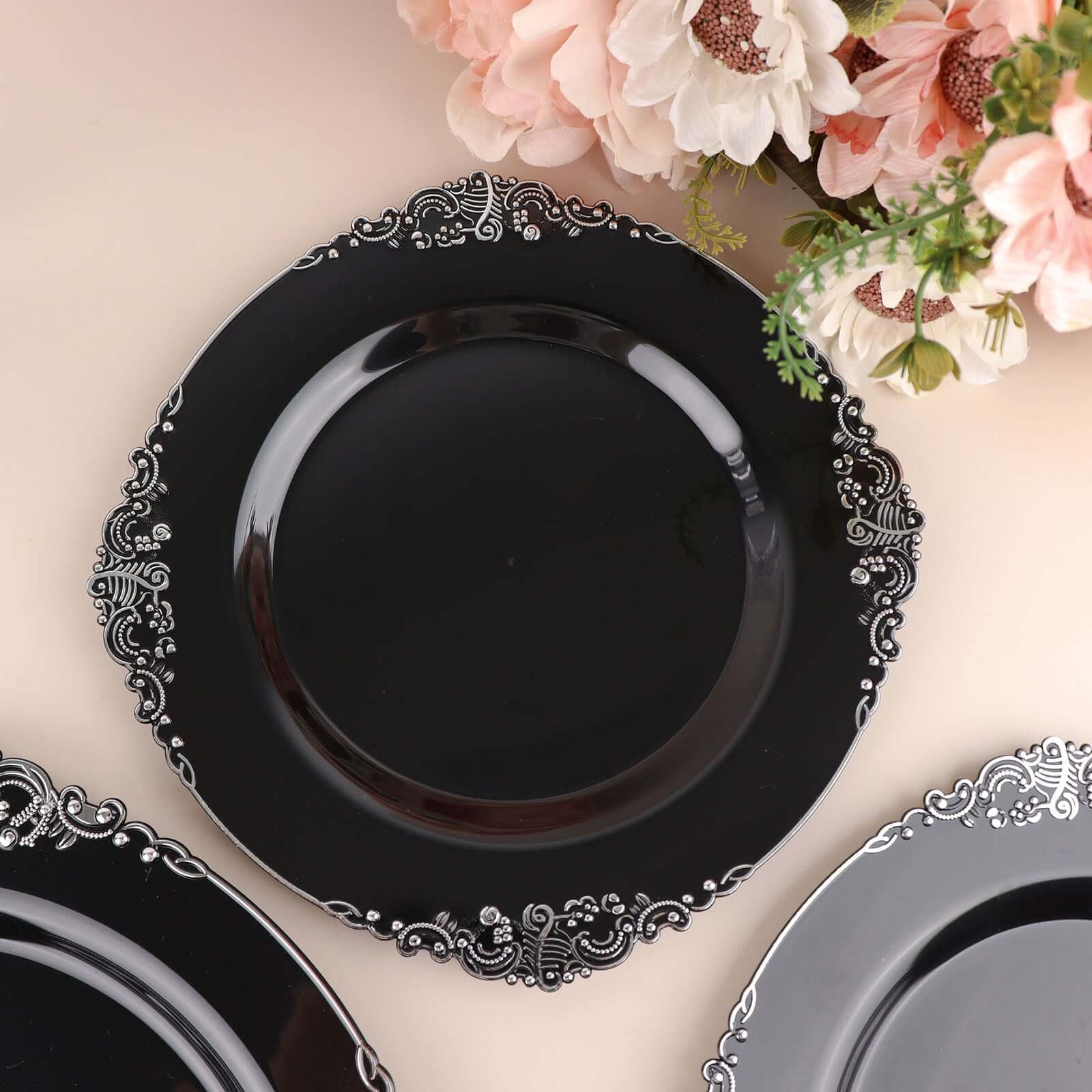 10-Pack Plastic 8 Round Dessert Plates in Black with Silver Leaf Embossed Rim - Disposable Vintage Baroque Style Salad Plates