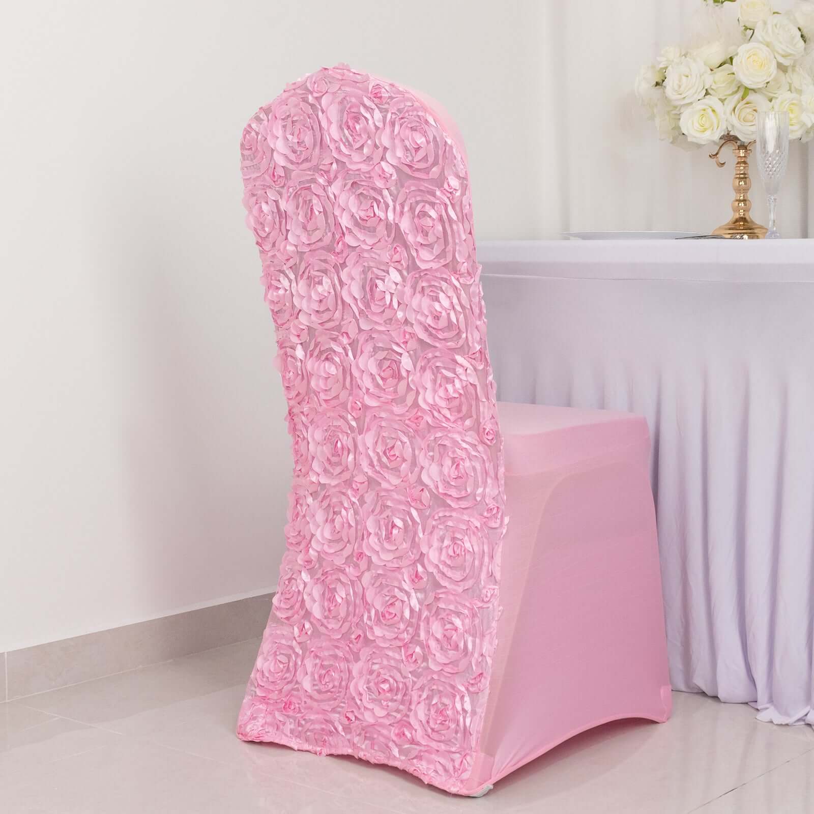 Satin Rosette Chair Cover for Banquet Chairs Pink - Stretch Fitted Slip-On Slipcover