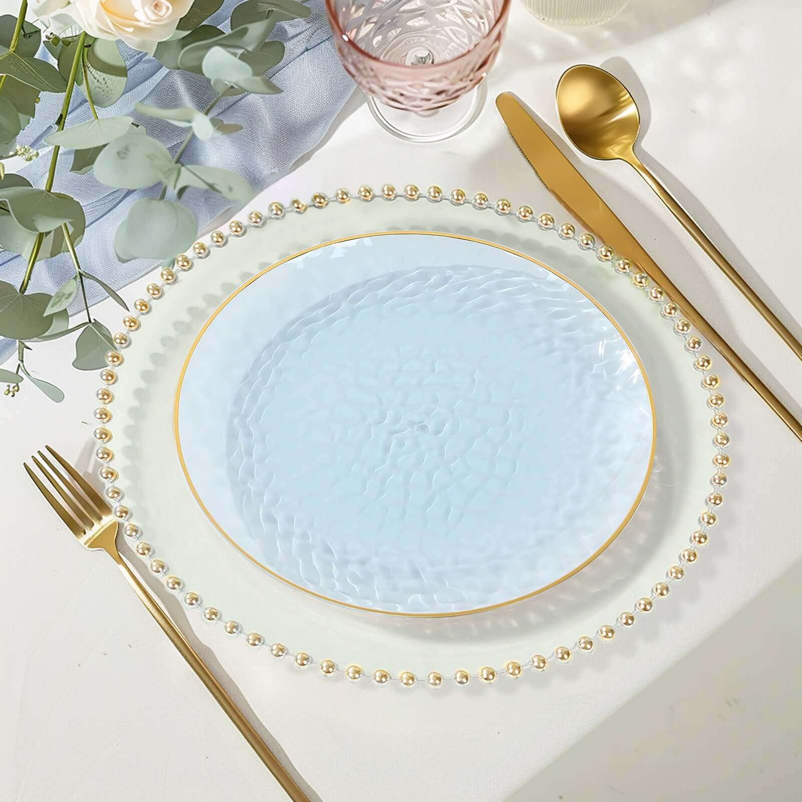 10-Pack Plastic 9 Round Dinner Plates in Transparent Dusty Blue Hammered Design with Gold Rim - Modern Disposable Party Plates