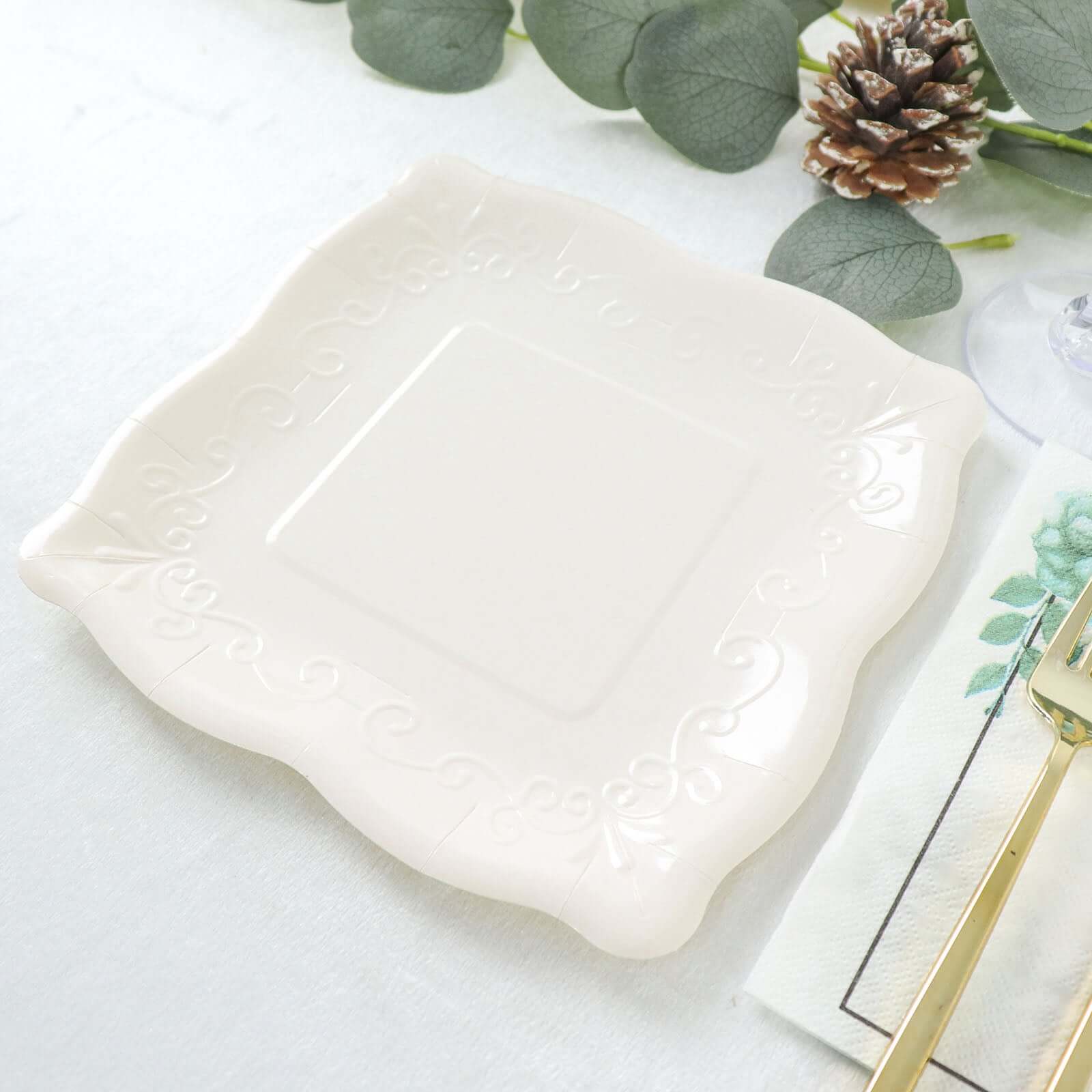 25-Pack Paper 7 Square Dessert Plates in White with Vintage Pottery Embossed Design - Shiny Disposable Appetizer Plates