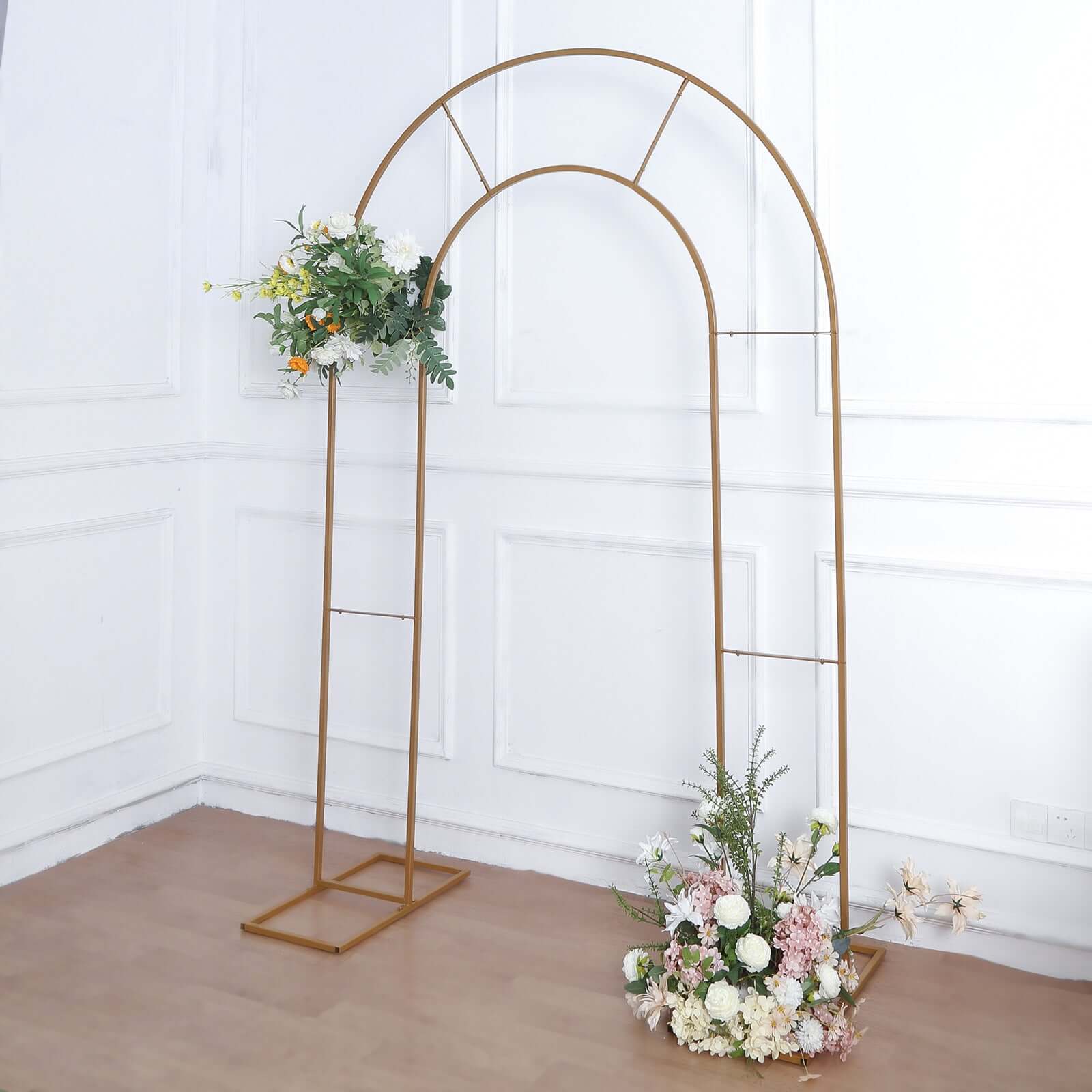 8ft Tall Gold Metal Round Top Double Arch Wedding Arbor Ceremony Stand, Flower Balloon Frame Backdrop Stand