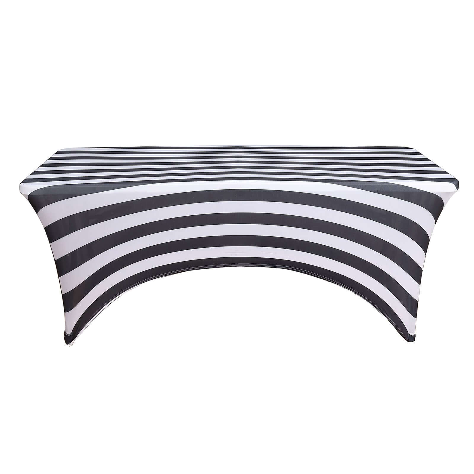 Stretch Spandex 72x30 Rectangle Tablecloth Black/White Vertical Stripes - Durable Form-Fitting Table Cover for Events & Presentations