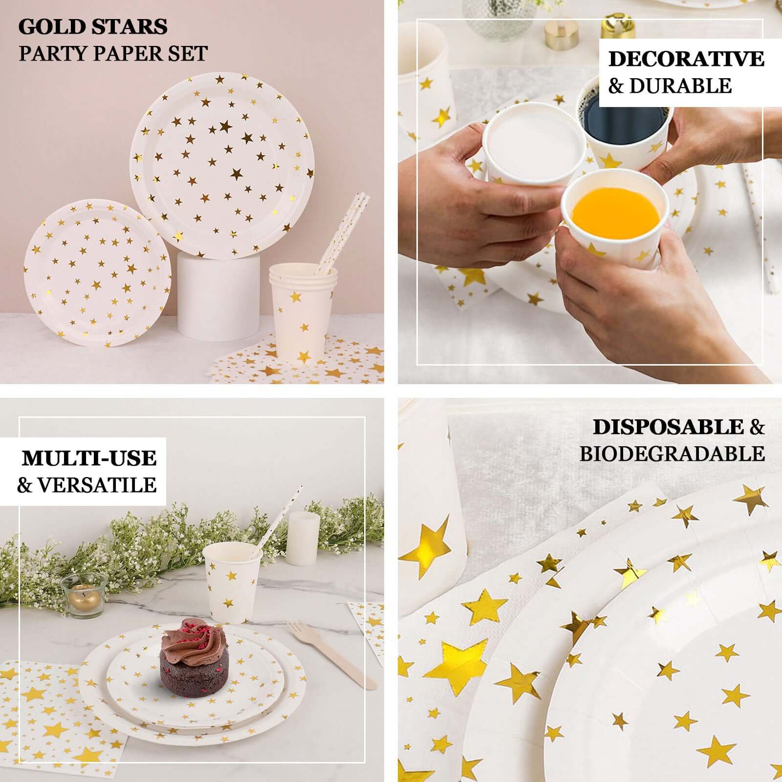 120 Pcs Paper Dinnerware Set White with Gold Stars Design - Disposable Tableware Combo-Pack with Plates, Cups, and Napkins