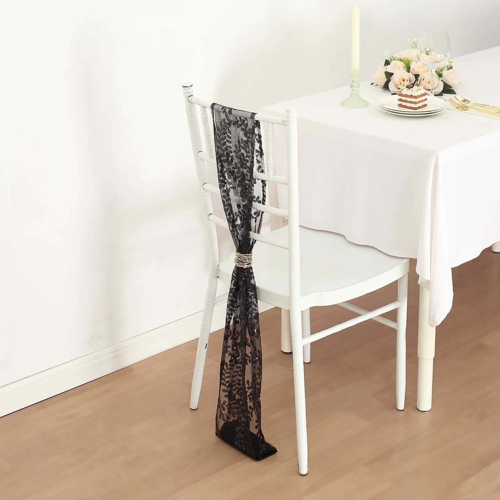 5 Pack Tulle Chair Sashes with Leaf Vine Embroidered Sequins Black 6x88