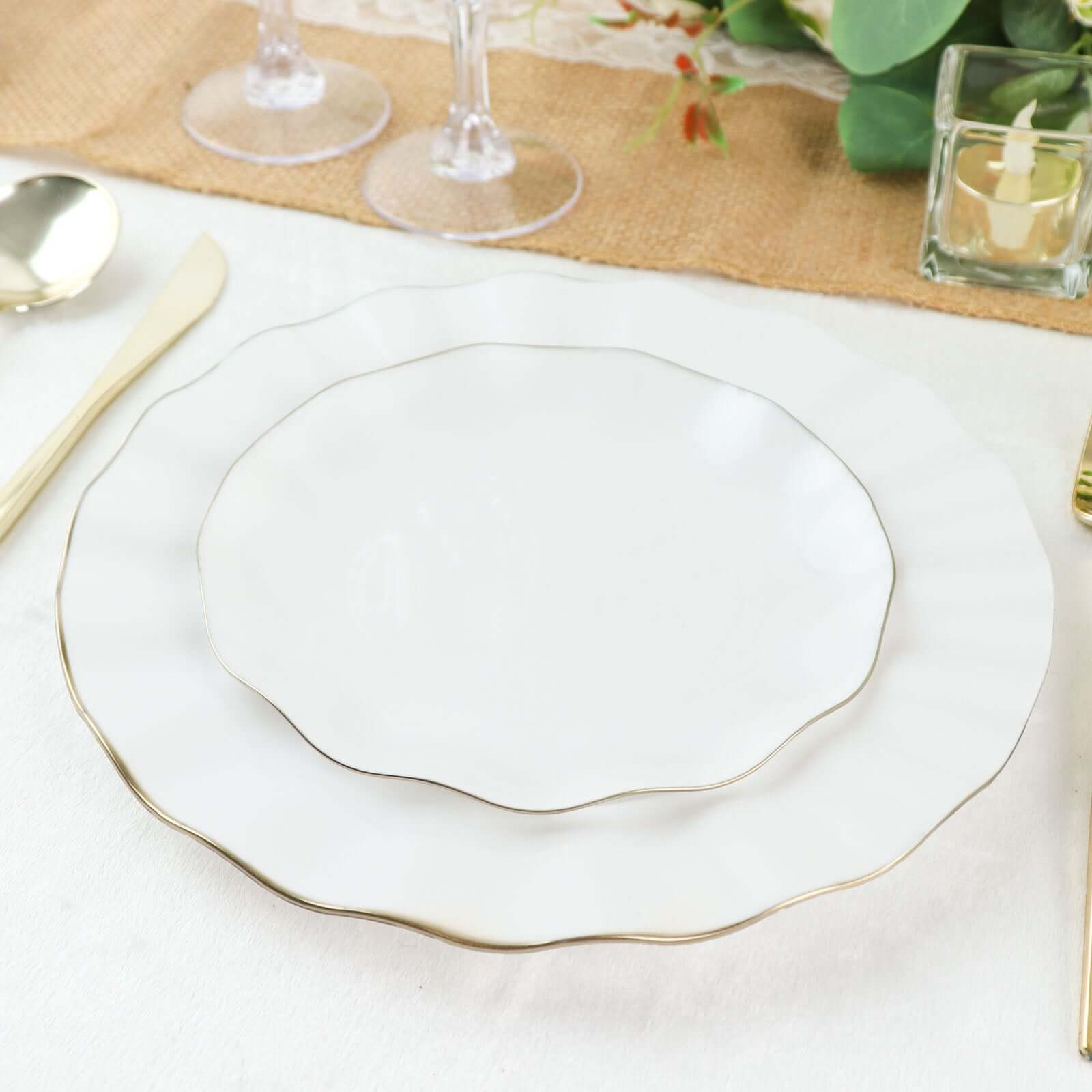 10-Pack Plastic Round 6 Dessert Plates in White Ruffled Rim with Gold Edging - Sturdy Disposable Salad Appetizer Dinnerware for Classy Events & Banquets