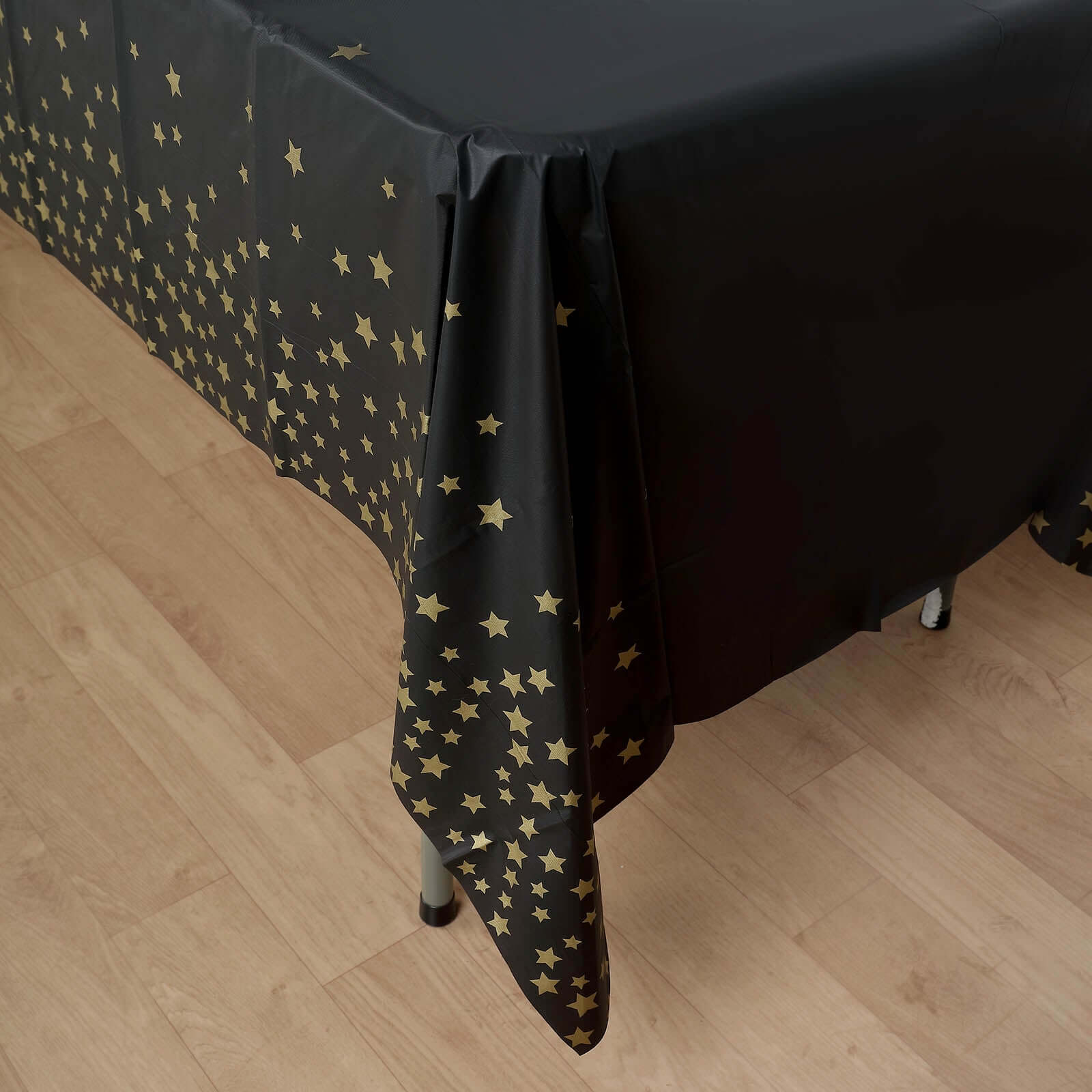 5-Pack Plastic Table Covers Black Rectangle with Gold Stars - Decorative PVC Disposable Tablecloths 54x108