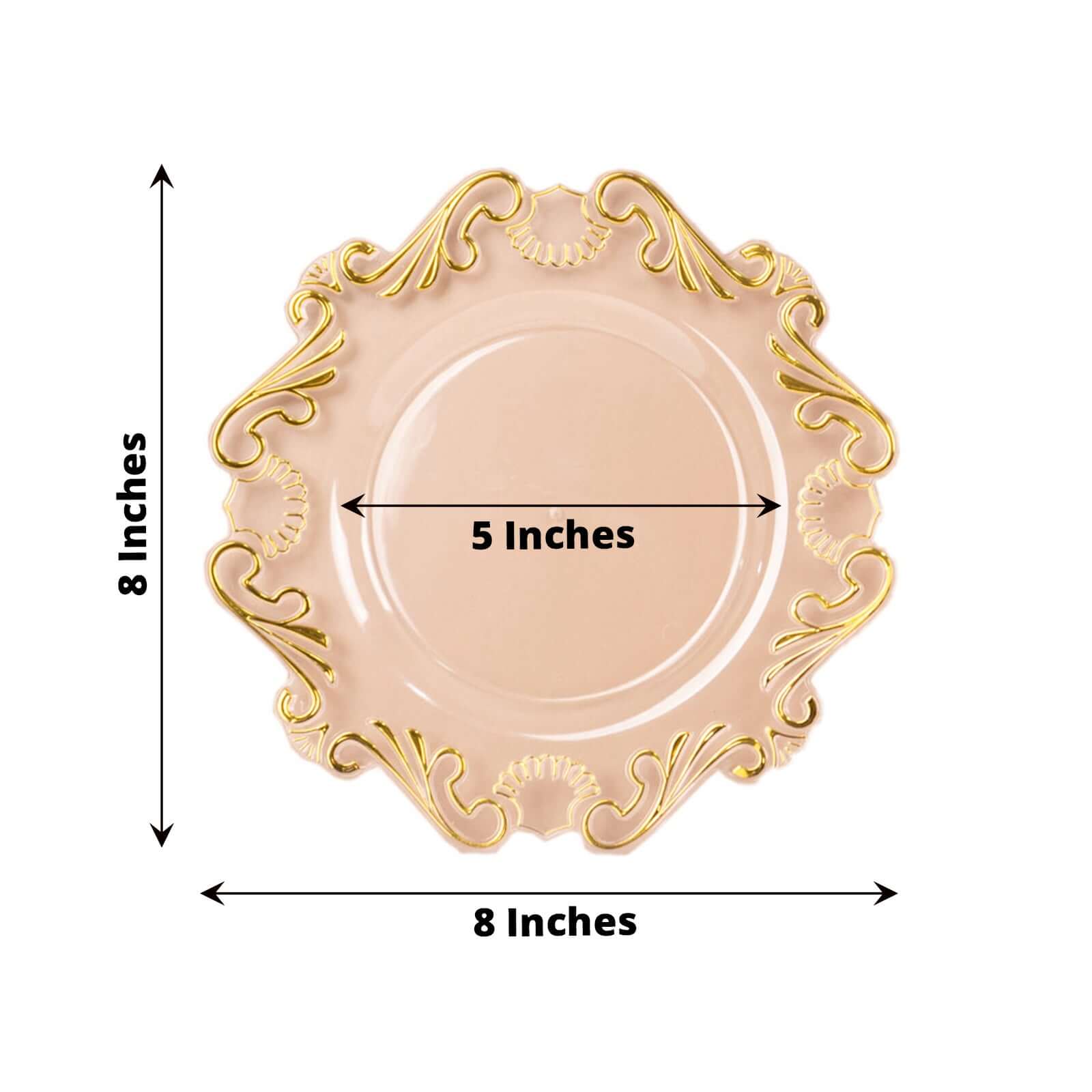 10-Pack Plastic 8 Round Dessert Plates in Clear with Gold Vintage Baroque Scalloped Rim - European Style Disposable Salad Appetizer Plates