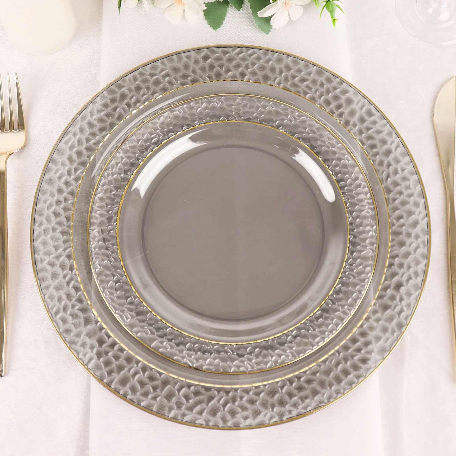 10-Pack Plastic 7.5 Round Appetizer Plates in Opaque Black Hammered Design with Gold Rim - Disposable Salad Plates for Chic Banquets & Special Occasions