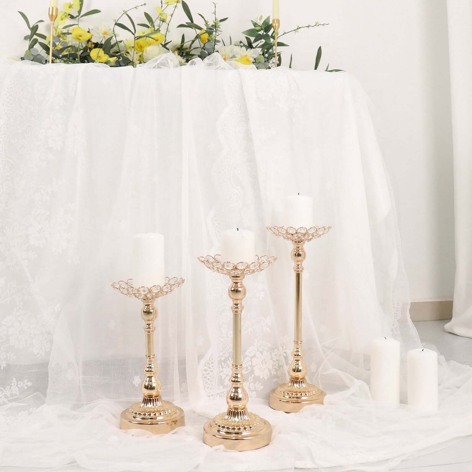 Set of 3 Metal Votive Candle Holders Crystal Beaded Design Gold - Tea Light Centerpieces 11, 13, 15