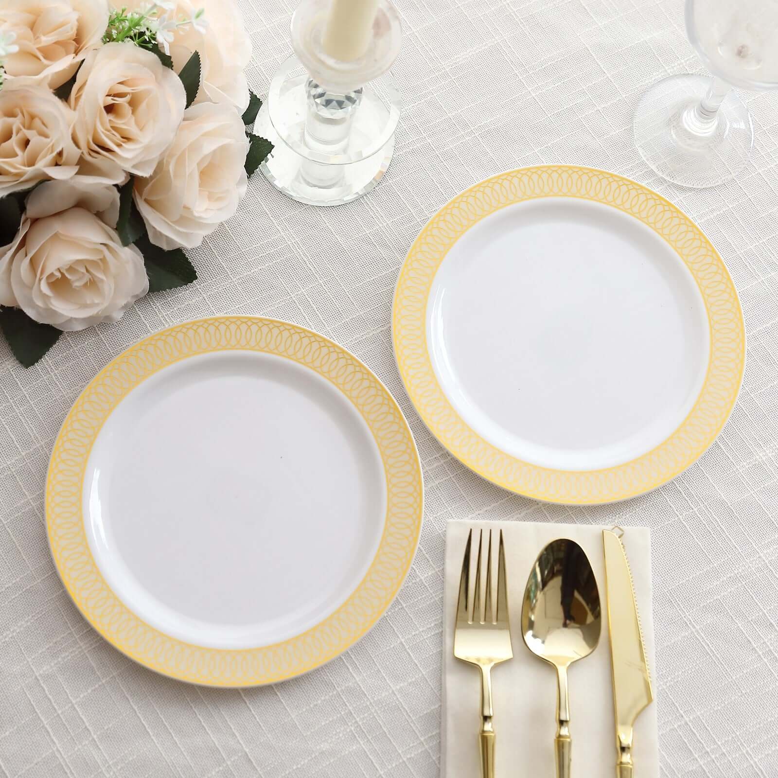 10-Pack Plastic Round Dessert Plates 7 White with Beige Gold Spiral Rim - Disposable Salad Plates