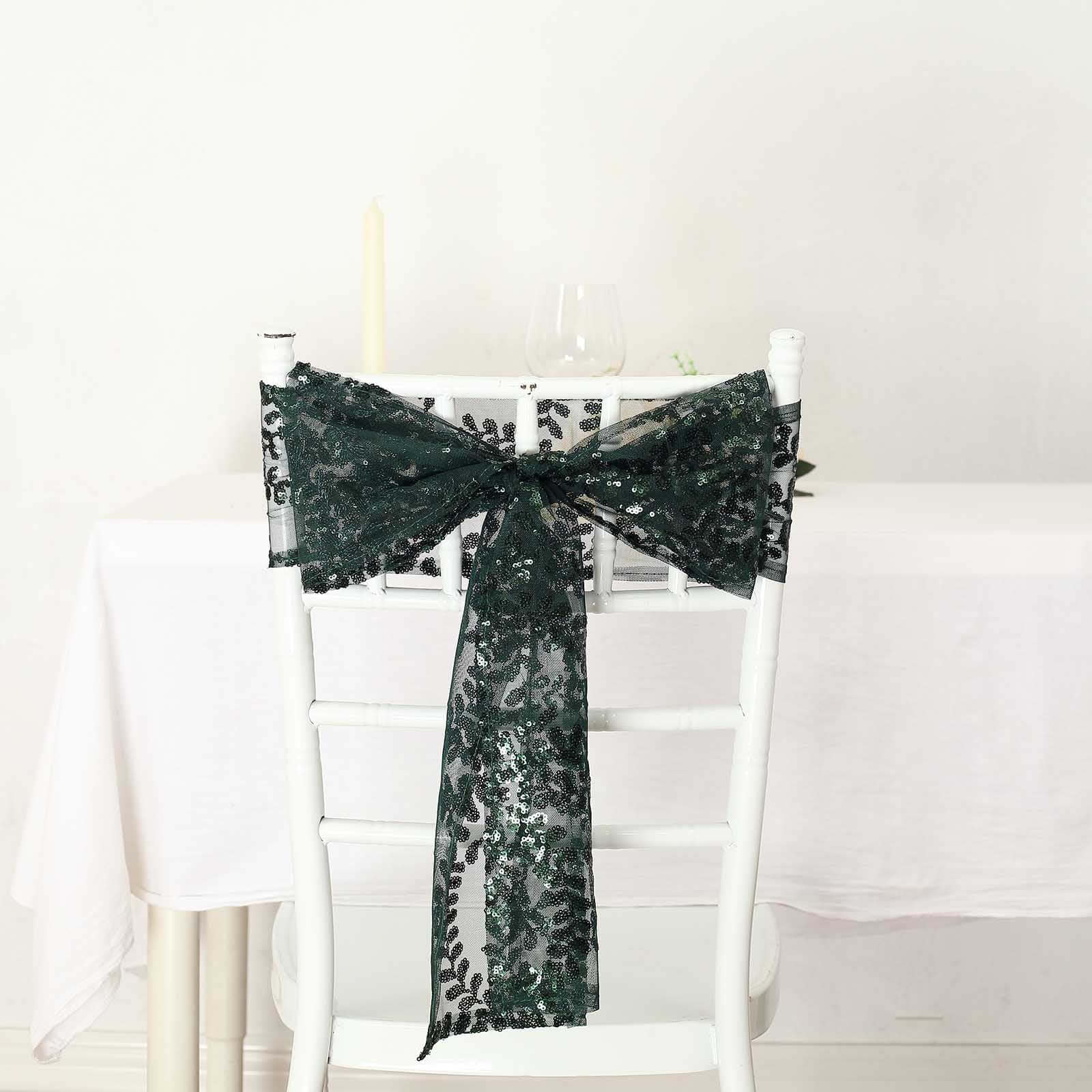 5 Pack Tulle Chair Sashes with Leaf Vine Embroidered Sequins Hunter Emerald Green 6x88