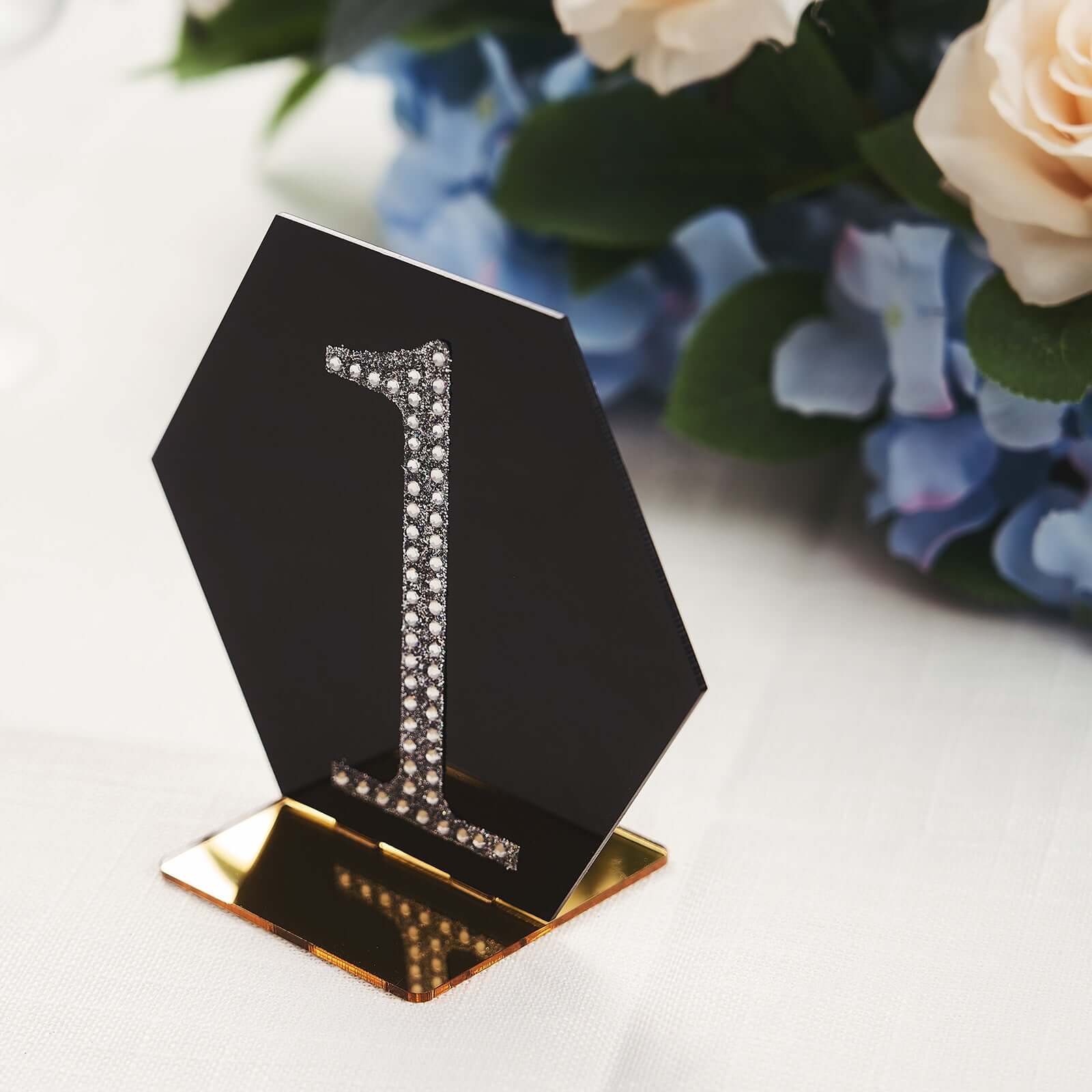 5-Pack Acrylic Table Sign Holders Hexagon Design Black/Gold - Ideal for Modern Event Centerpieces 5