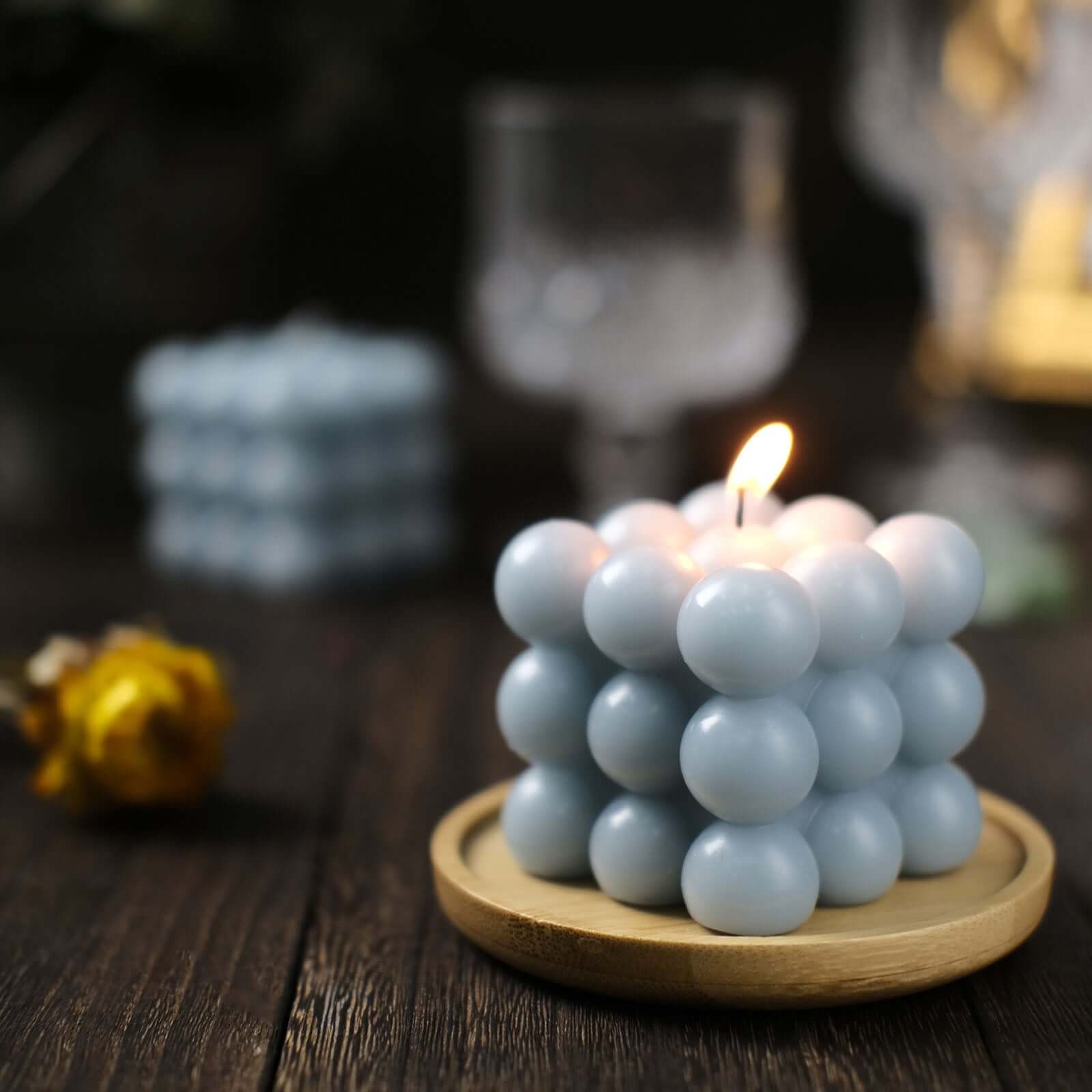 2-Pack Decorative Paraffin Wax Candles Bubble Cube Design Dusty Blue - Unscented Long Burning Pillar Candle Set 2