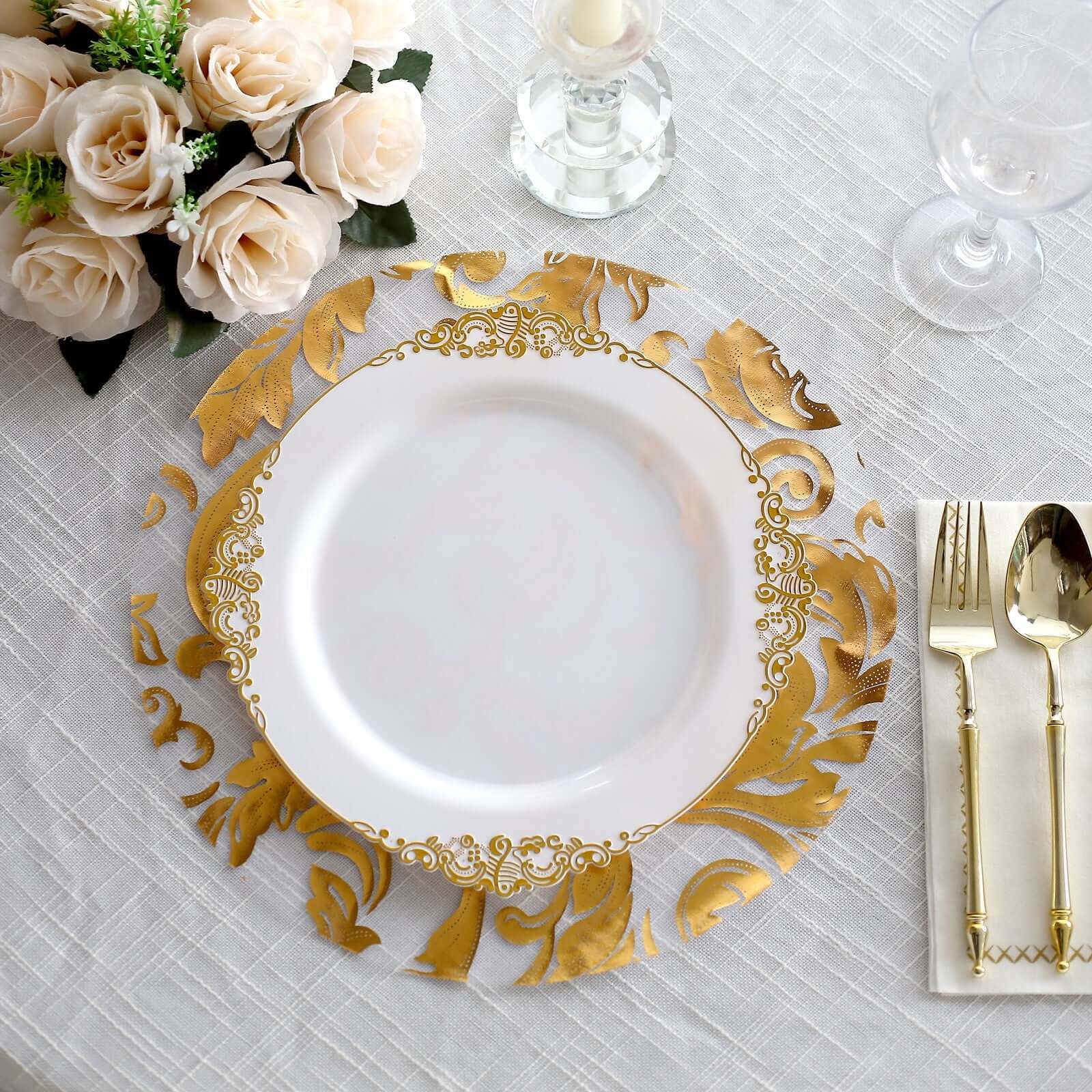 10-Pack Table Placemats Swirl Foil Floral Design Metallic Gold Round - Sheer Organza Disposable Mats 13