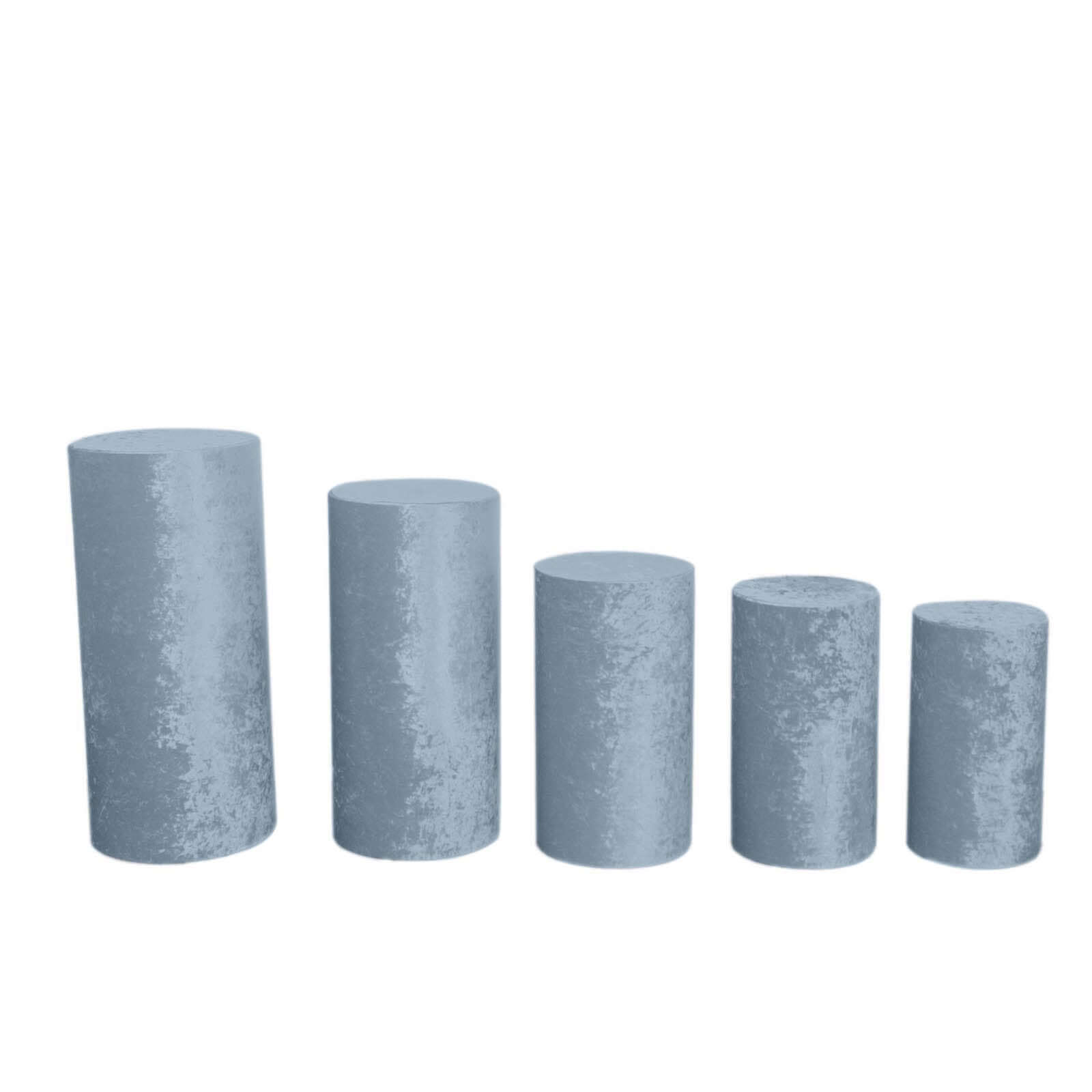 Set of 5 Dusty Blue Crushed Velvet Cylinder Pedestal Stand Covers, Premium Pillar Prop Covers