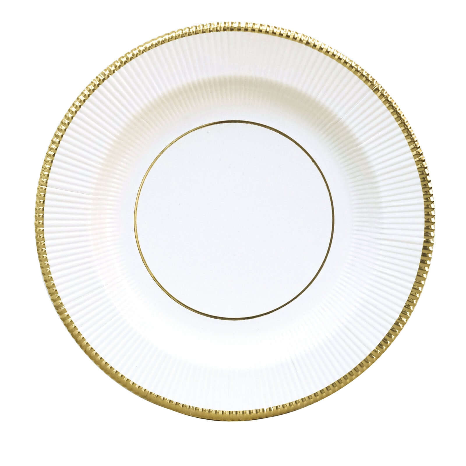 25-Pack Paper 10 Round Dinner Plates in White Sunray Design with Gold Rim - Disposable Heavy Duty 350GSM Party Plates