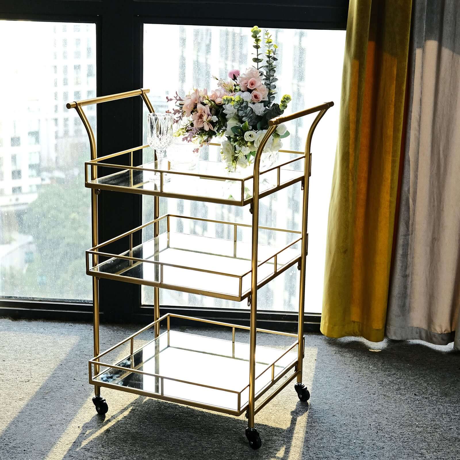 Gold Metal Bar Cart with Mirror Serving Trays 3-Tier - Teacart Island Trolley for Parties 3ft