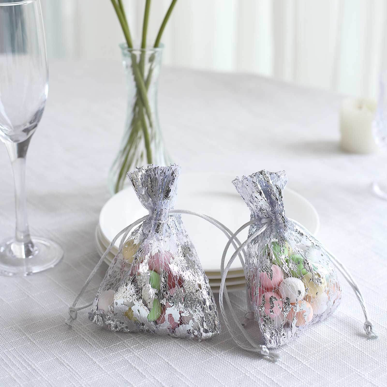 12 Pack Metallic Silver Foil Polyester Drawstring Candy Bags, Wedding Party Favor Bags - 4x5