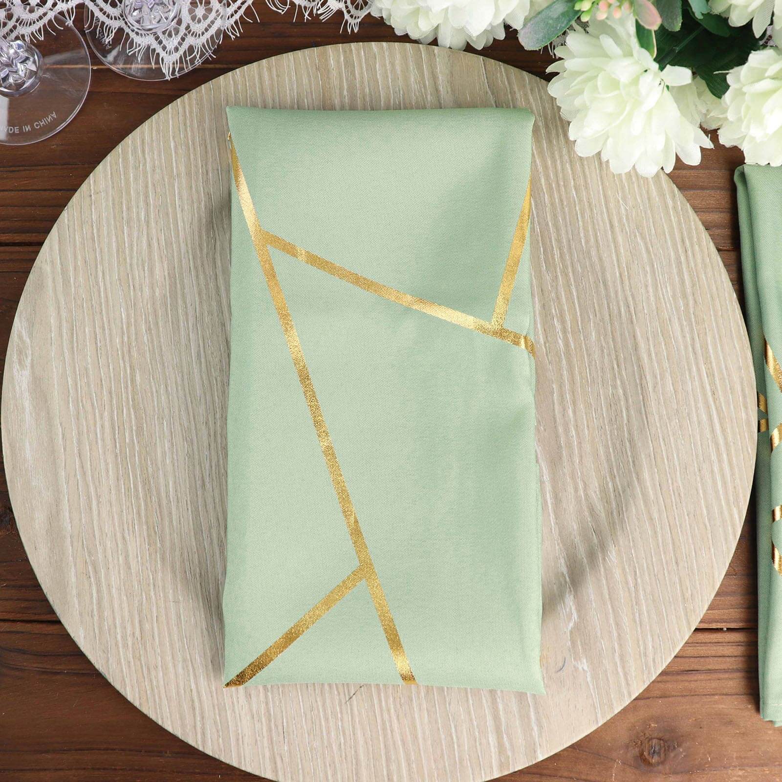 5 Pack Polyester 20x20 Napkins Sage Green with Gold Geometric Foil Pattern - Modern Reusable Dinner Napkins
