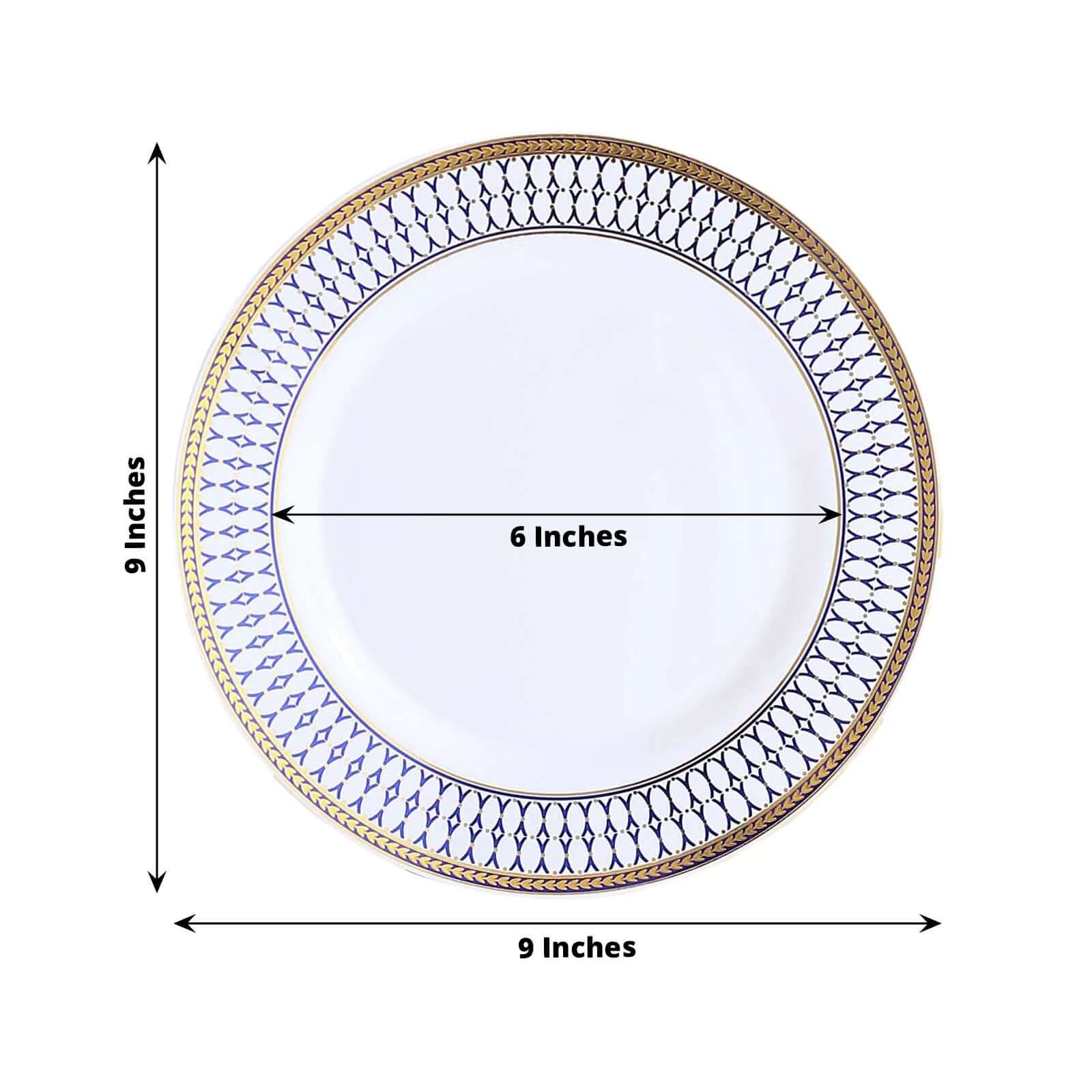 10-Pack Plastic 9 Round Dinner Plates in White with Gold Navy Blue Chord Rim - Renaissance Style Disposable Plates for Events & Banquets