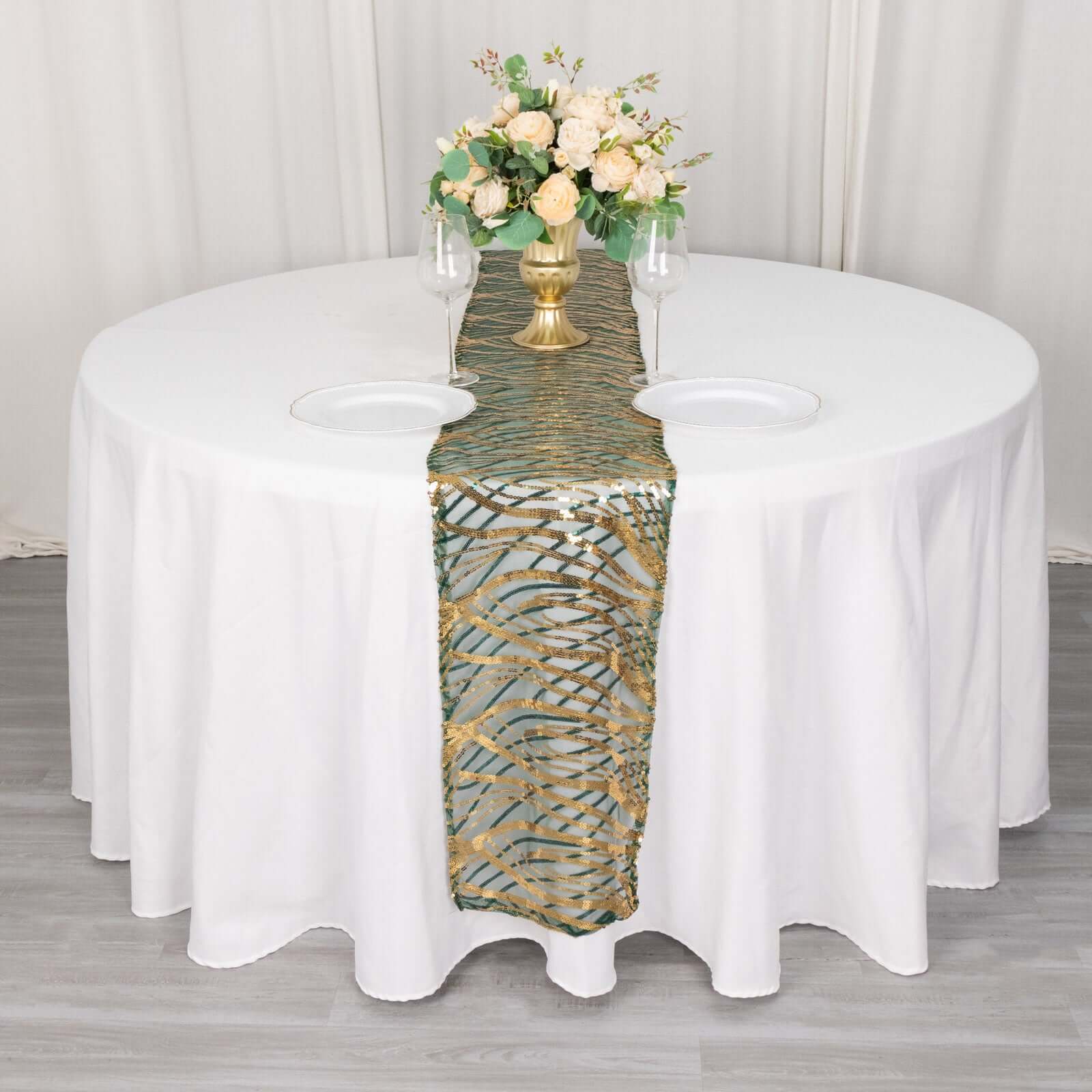 Sequin Mesh 12x108 Table Runner Hunter Emerald Green Stylish Wave Embroidery