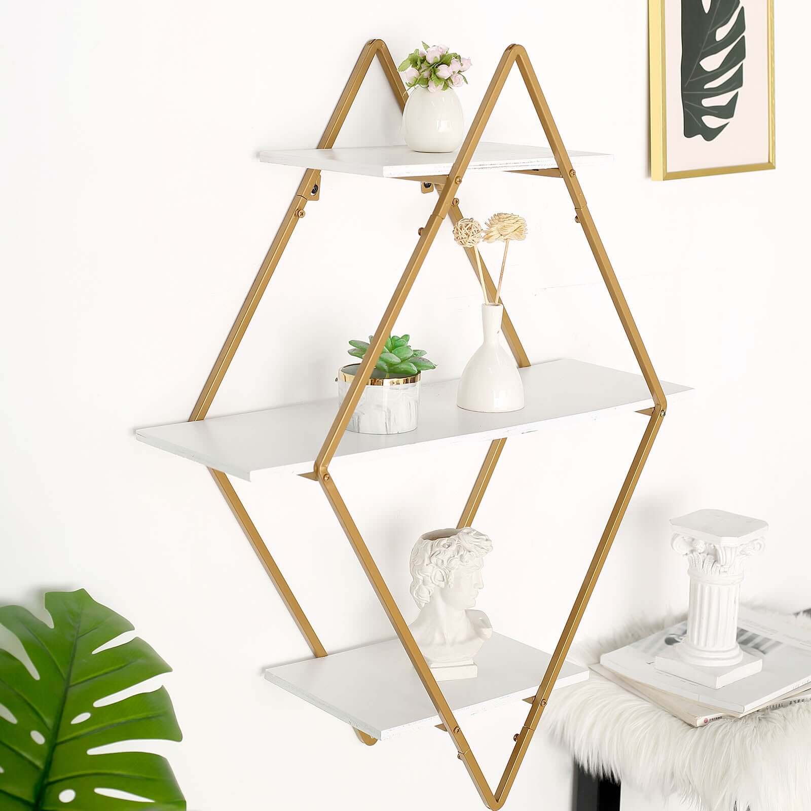 31 Geometric Diamond Shaped 3-Tier Gold Metal Dessert Cupcake Stand Rack, Wall Hanging Display Shelf Display, Book Shelf With White Wood Panels