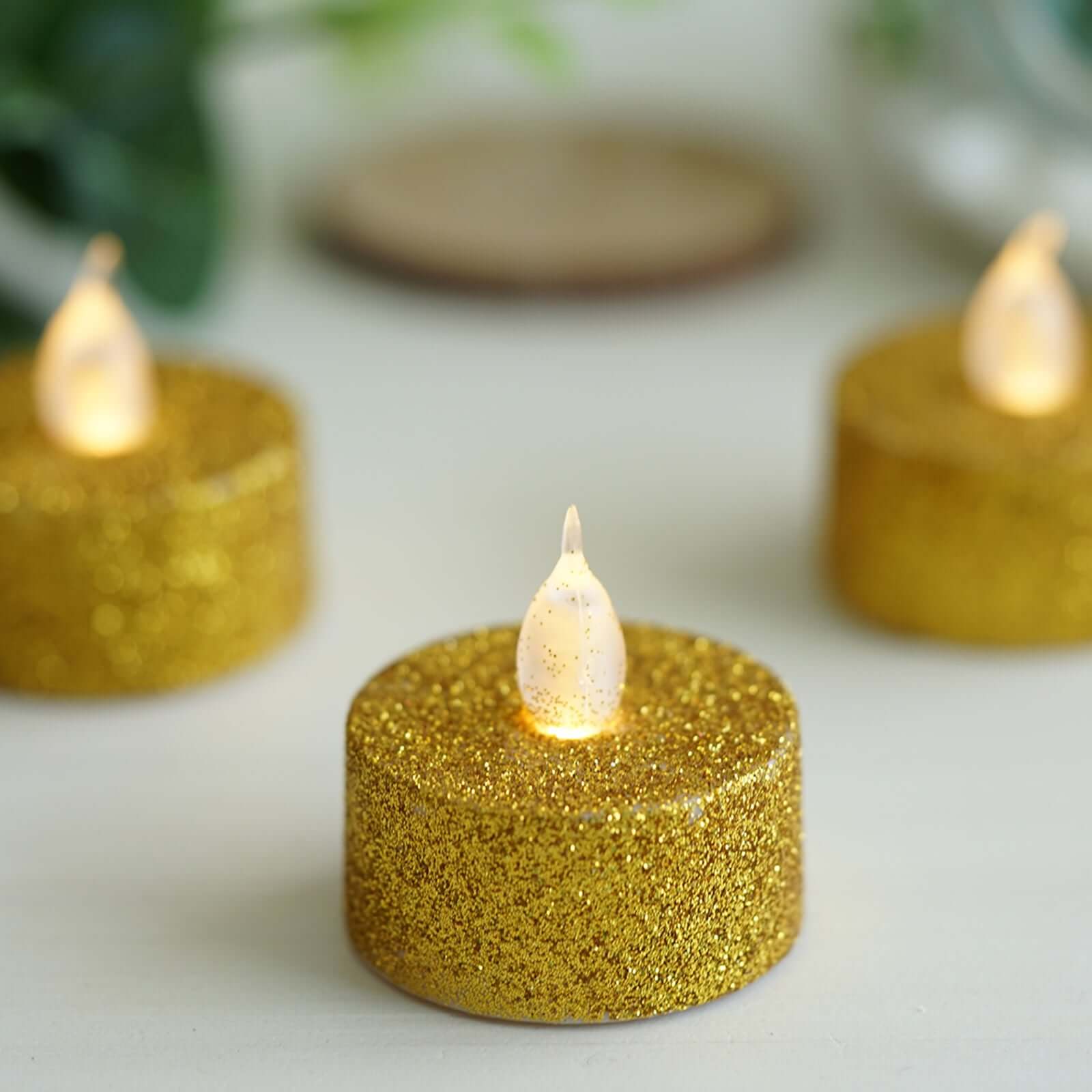 12-Pack LED Tealight Candles Glitter Gold Design - Flameless Battery Operated Tea Lights