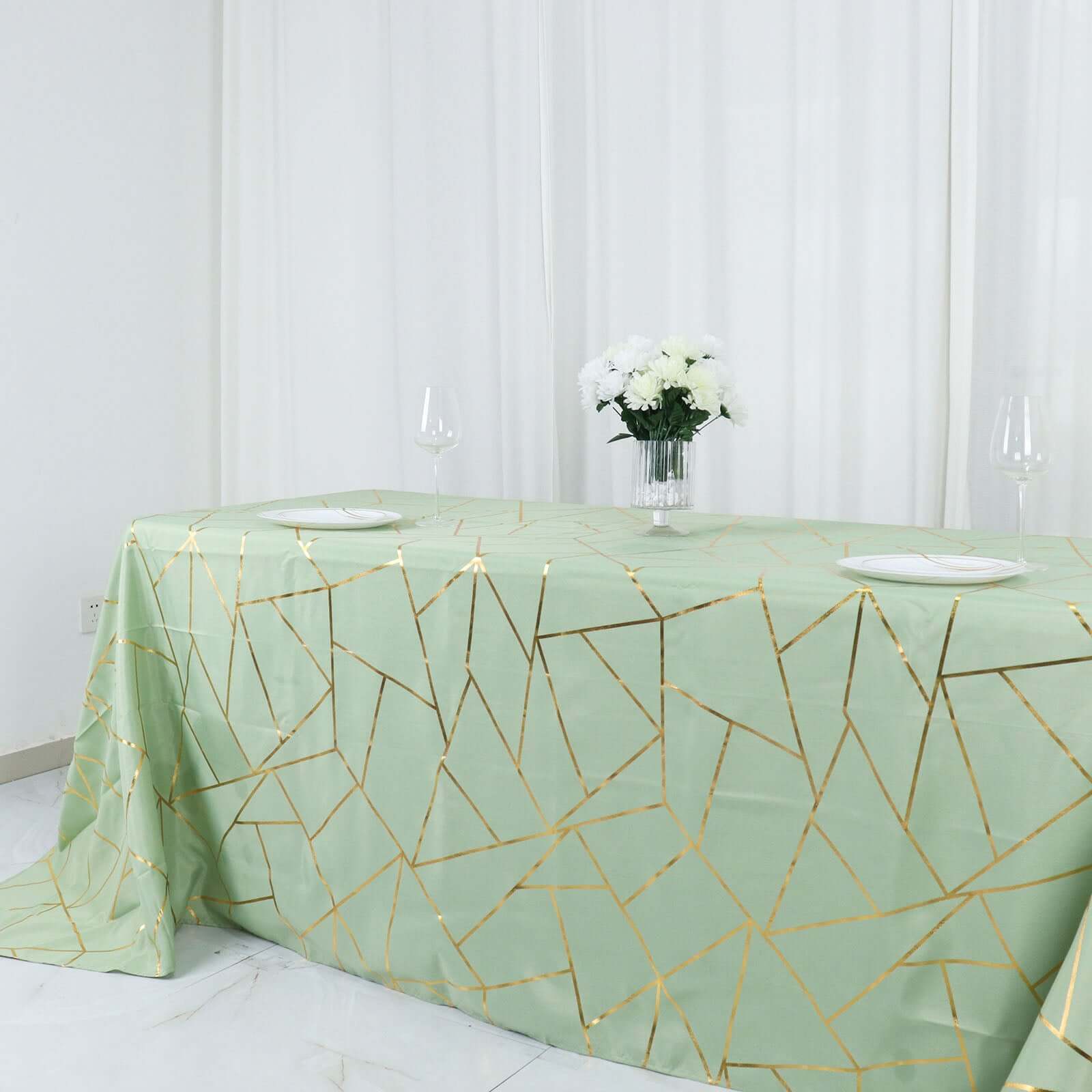 Polyester 90x132 Rectangle Tablecloth Sage Green with Gold Foil Geometric Pattern - Wrinkle-Resistant Seamless Table Cover