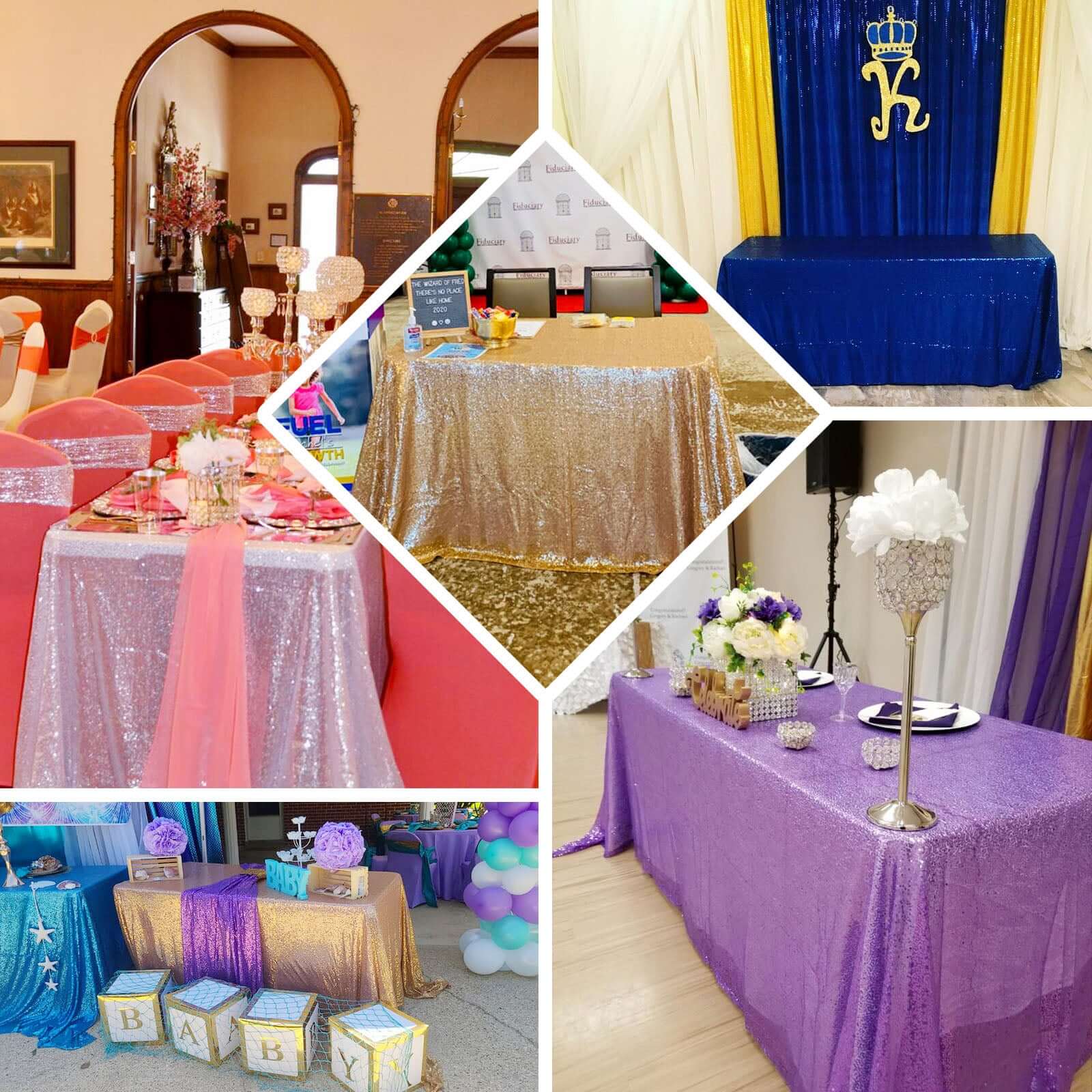 Sequin 90x156 Rectangle Tablecloth Iridescent Blue - Seamless Twinkling Table Cover