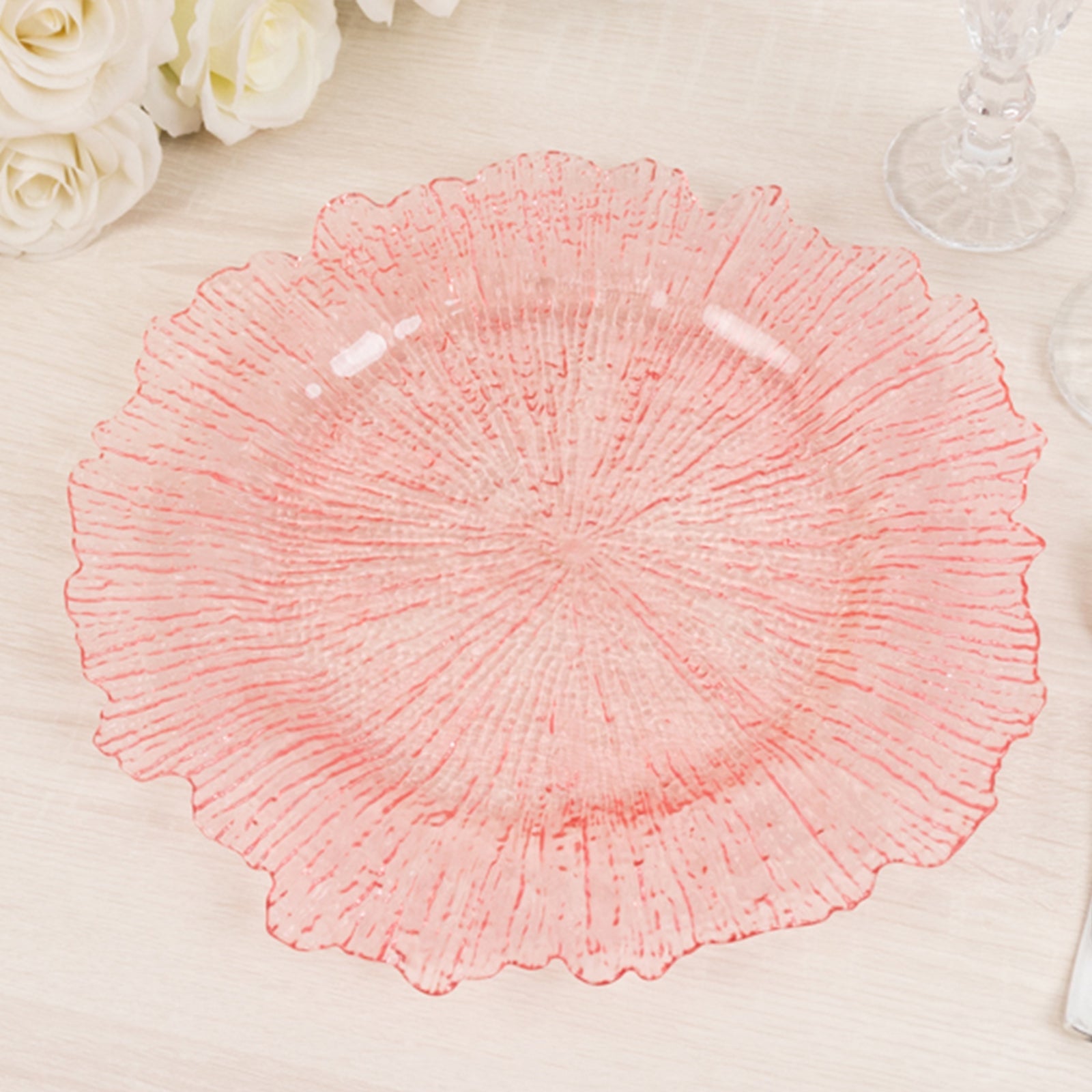 6-Pack Acrylic Plastic Round Charger Plates 13 in Transparent Blush with Reef Design, Dinner Charger Tableware