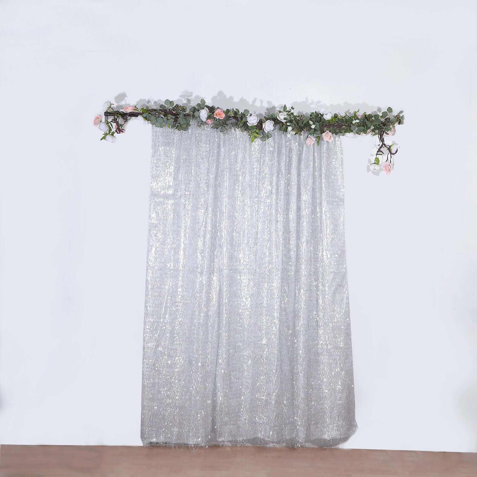 8ft Silver Metallic Fringe Shag Event Drapery Panel, Shimmery Tinsel Polyester Divider Backdrop Curtain