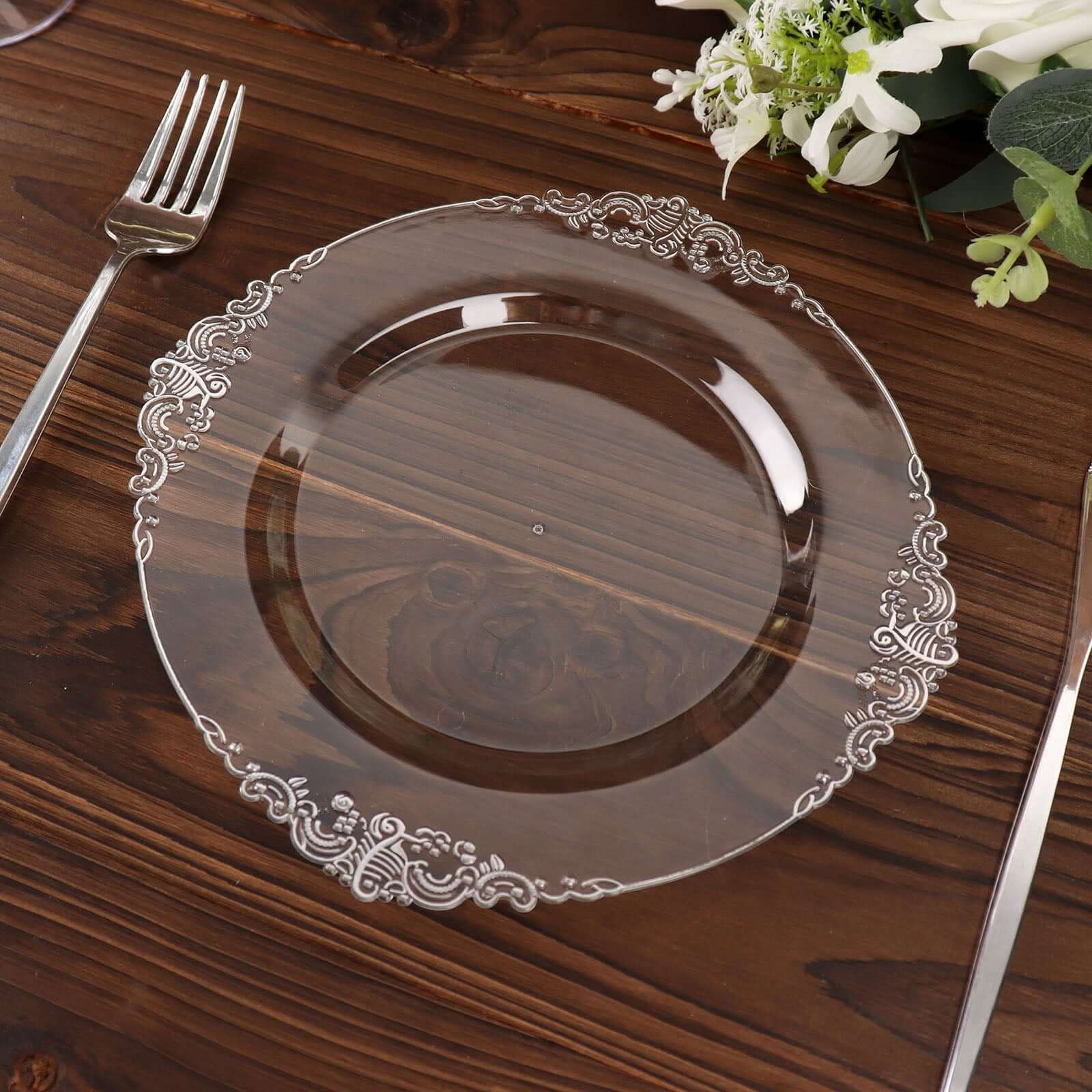 10-Pack Plastic 8 Round Dessert Plates in Clear with Silver Leaf Embossed Rim - Disposable Vintage Baroque Style Salad Plates