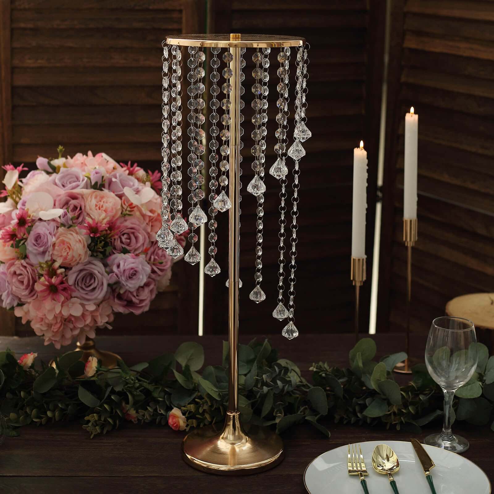 2-Pack Metal Flower Stand Gold with Spiral Hanging Beads - Crystal Pedestal Table Wedding Centerpiece 24