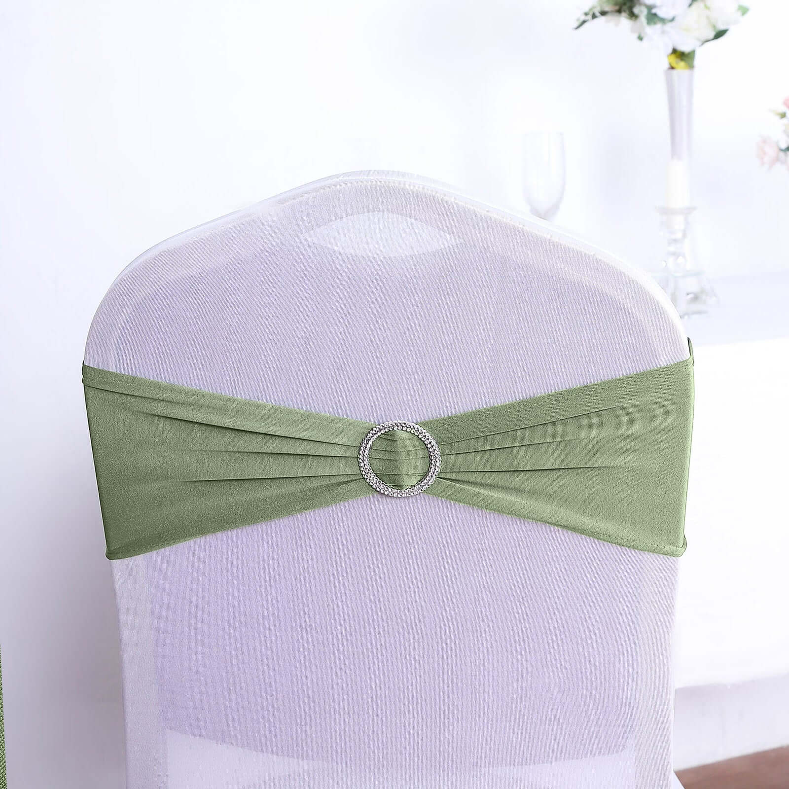 5 Pack Stretch Spandex Chair Sashes Dusty Sage Green - Reusable Chair Bands with Silver Diamond Ring Slide Buckle 5x14