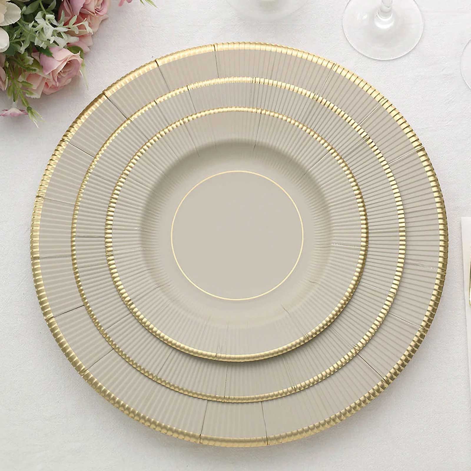 25-Pack Paper 8 Round Dessert Plates in Taupe Sunray Design with Gold Rim - Disposable Heavy Duty 350GSM Appetizer Salad Plates