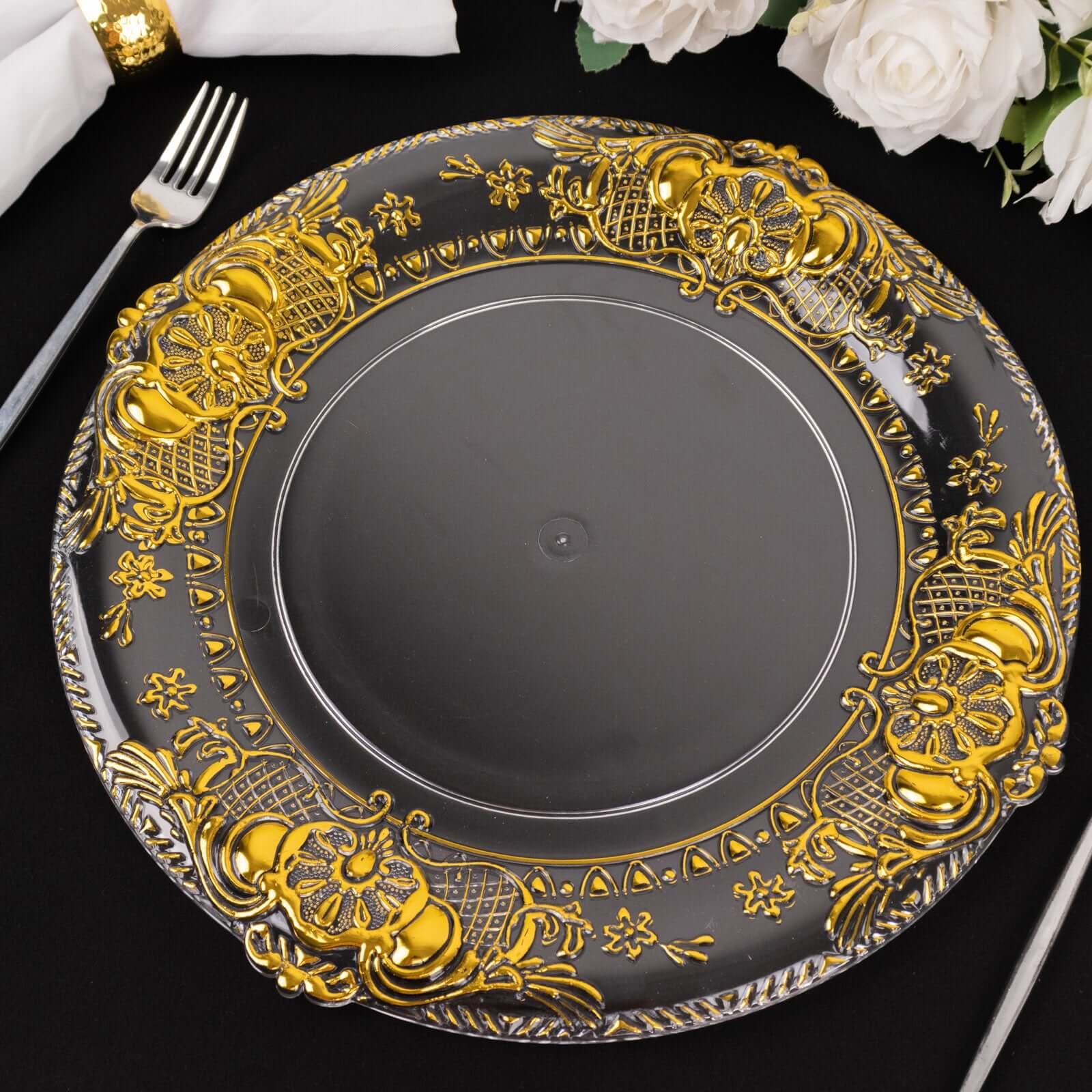 6-Pack Plastic Round Charger Plates 13 in Clear with Gold Florentine Embossed Rim, Exquisite Dinner Serving Plates