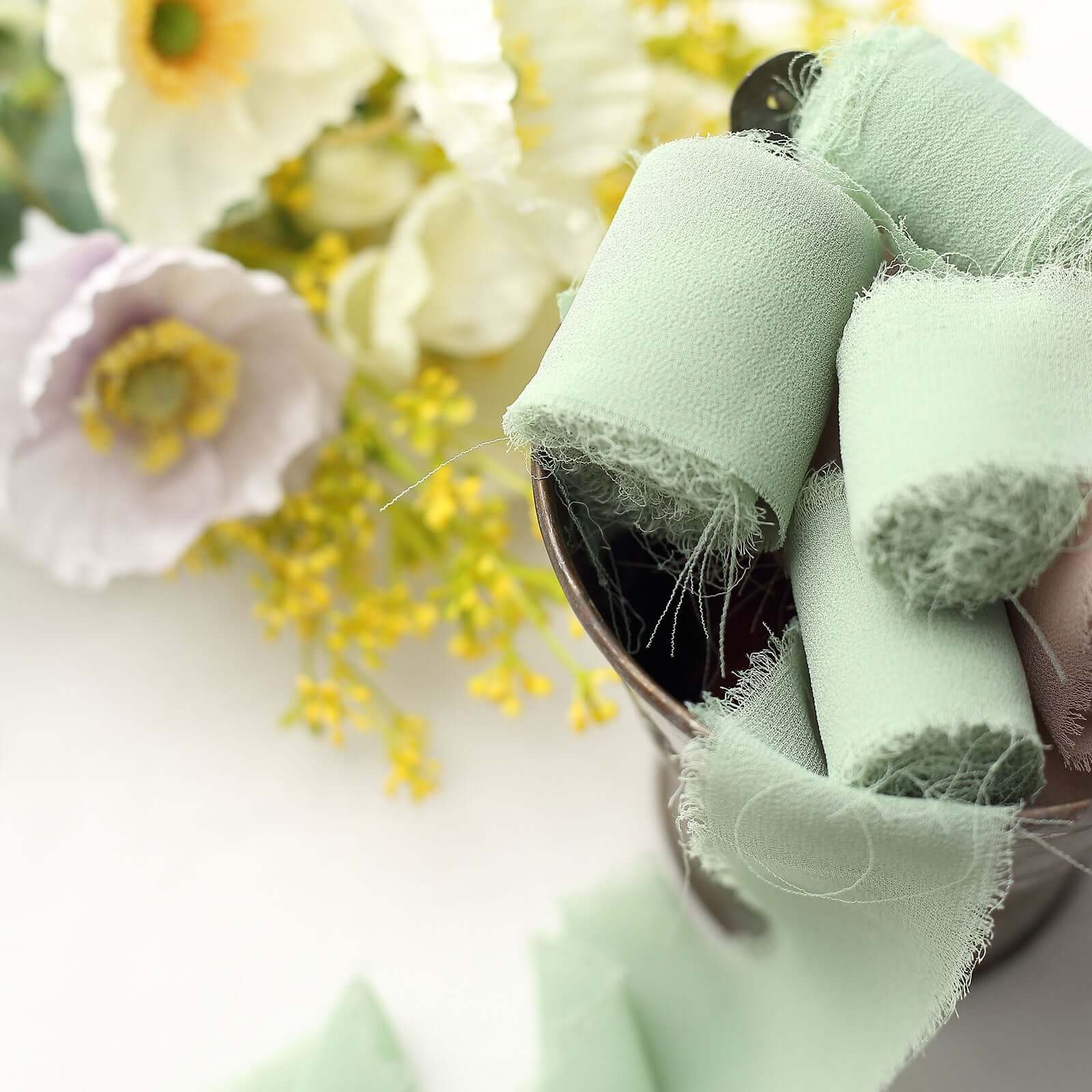 2 Pack 6yds Sage Green Silk-Like Chiffon Ribbon Roll, DIY Wedding Bouquet Linen Wrap