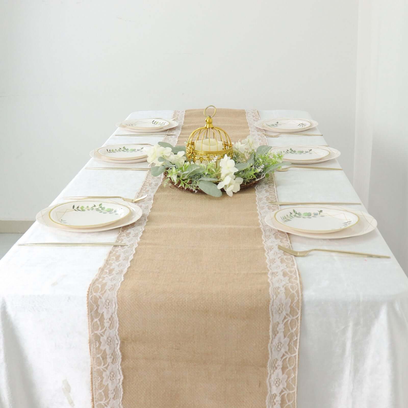 Burlap Jute 14x104 Table Runner Natural With White Lace Trim Edges - Rustic Vintage Tabletop Decor