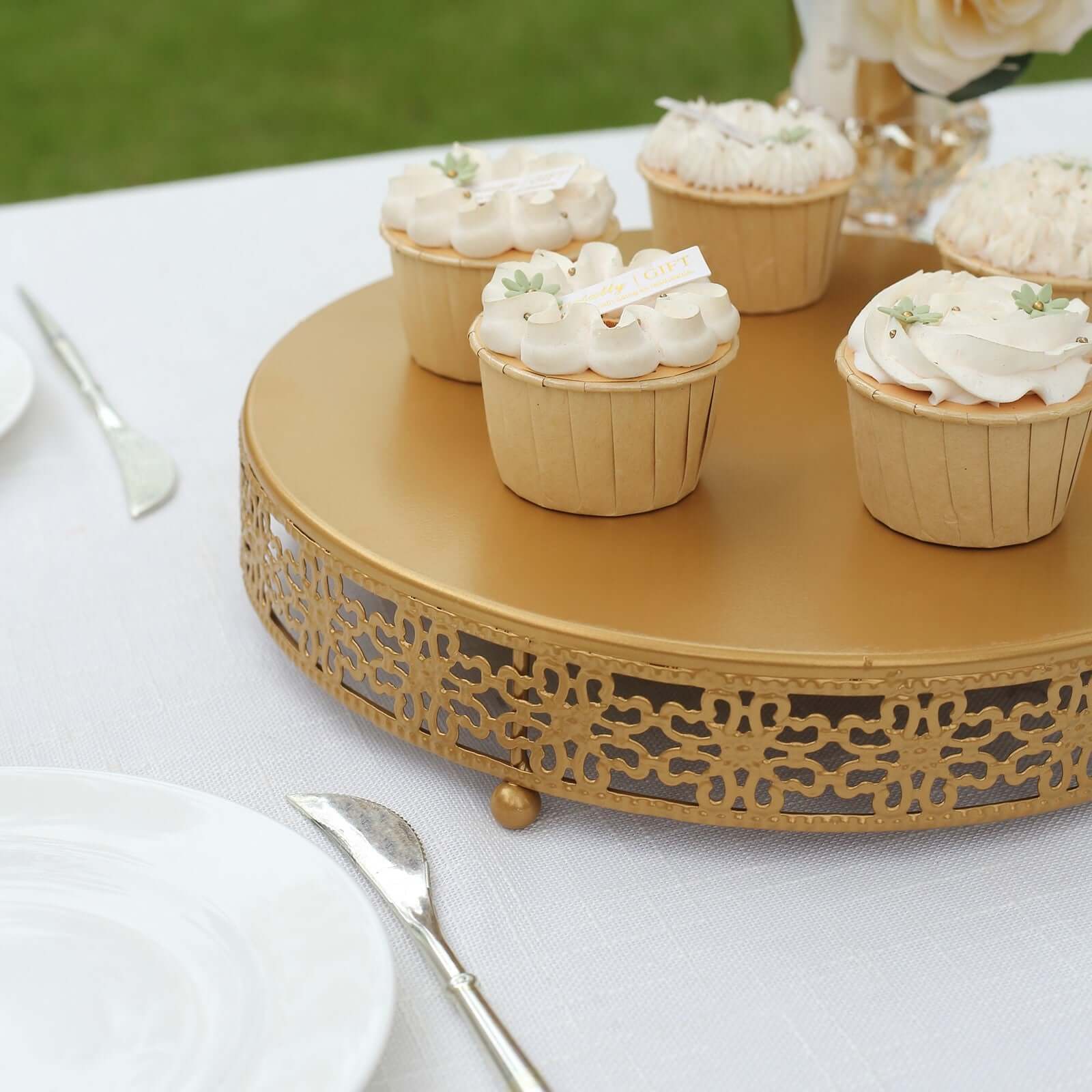 Metal Pedestal Cake Stand Fleur De Lis Round Design Gold - Cupcake Dessert Display Table Centerpiece 12