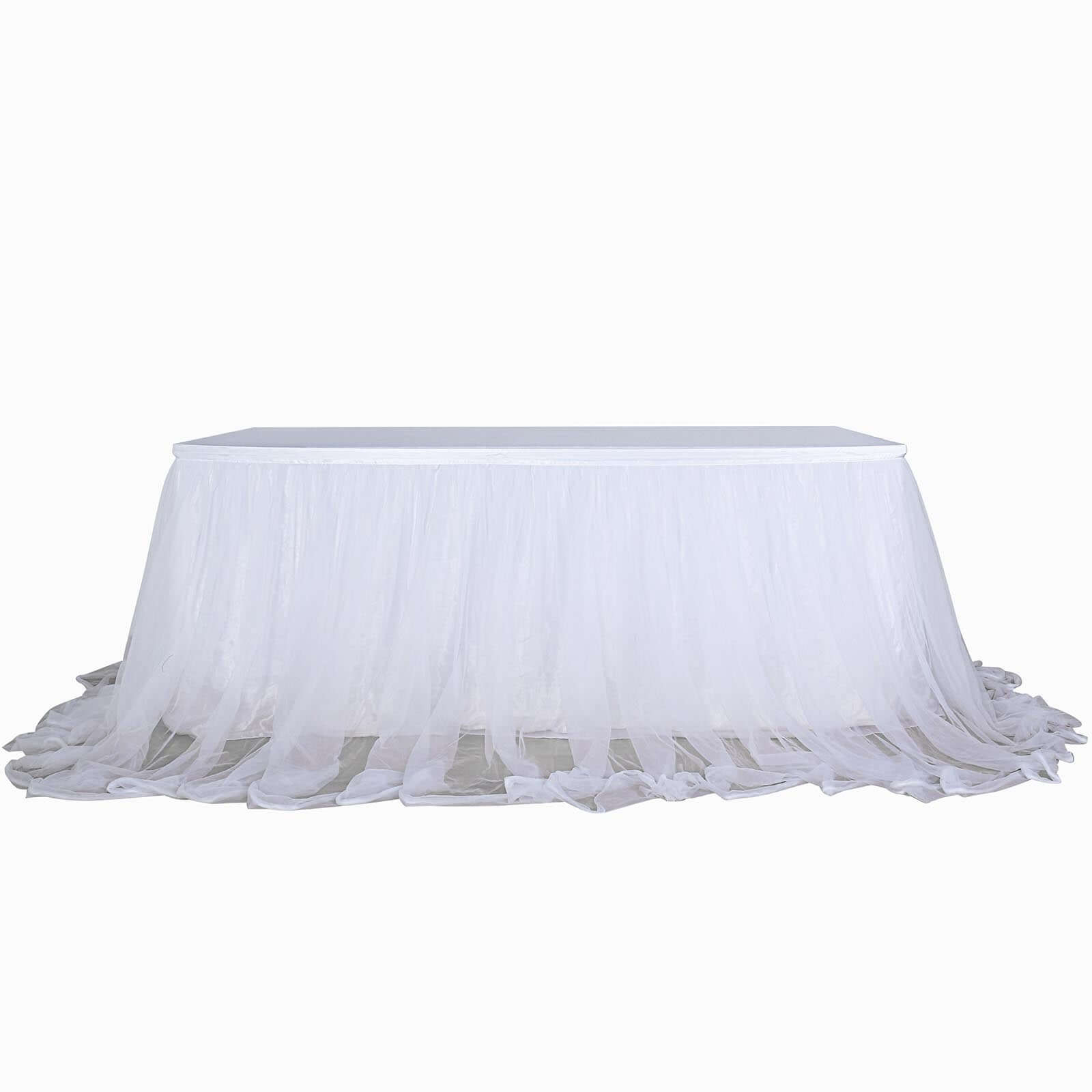 Extra Long Tulle 17ft Table Skirt White with Satin Edge - Table Cover for Baby Showers & Events